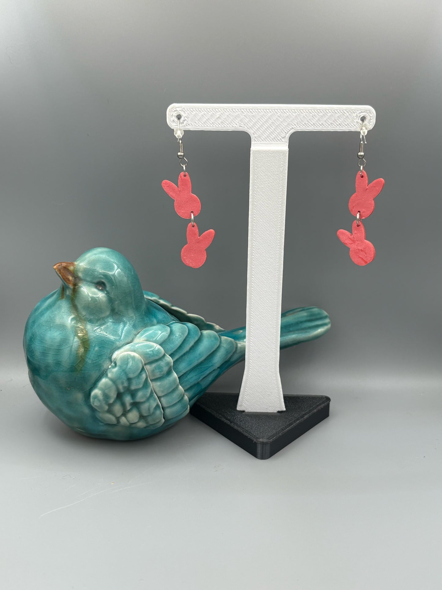 Pink Double Bunny Head Dangle Earrings - handcrafted polymer clay earrings by Lakeside Clay