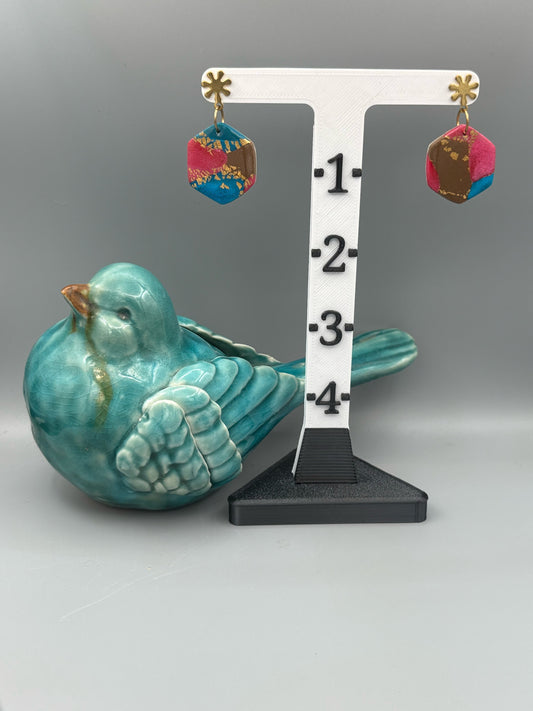 Gilded Peacock Hexagon Dangle Earrings - handcrafted polymer clay earrings by Lakeside Clay