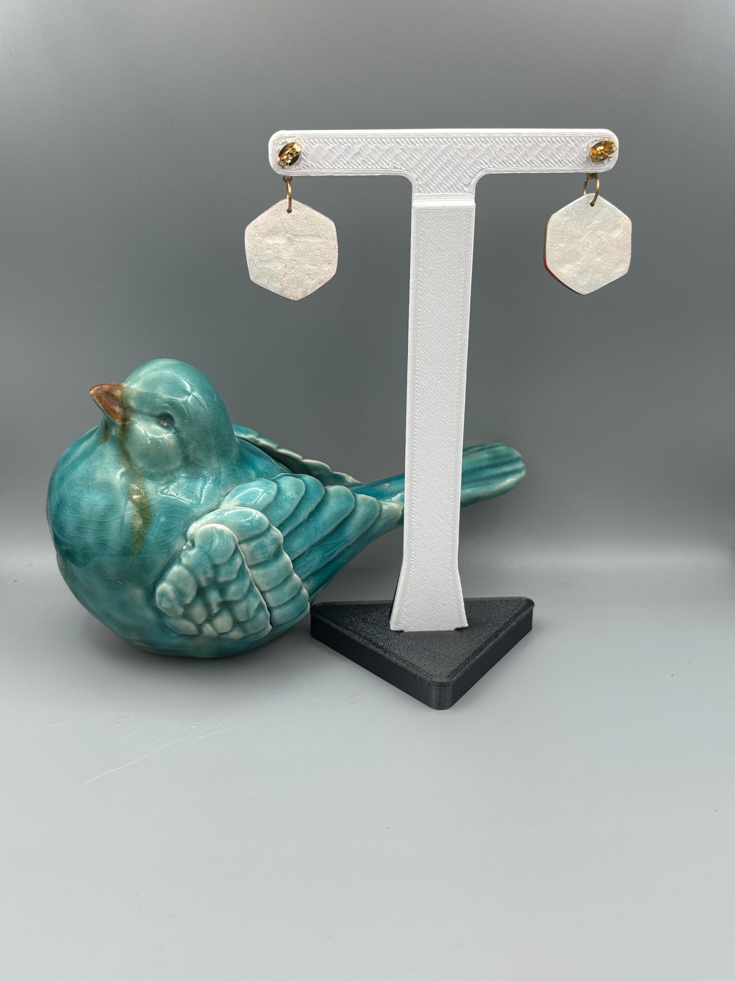 Gilded Peacock Hexagon Dangle Earrings - handcrafted polymer clay earrings by Lakeside Clay