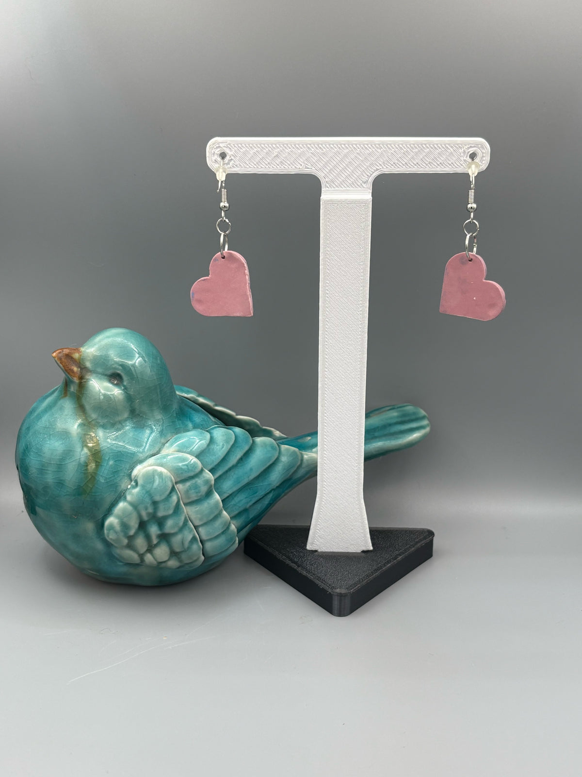 Pink & Blue Heart Dangle Earrings - handcrafted polymer clay earrings by Lakeside Clay