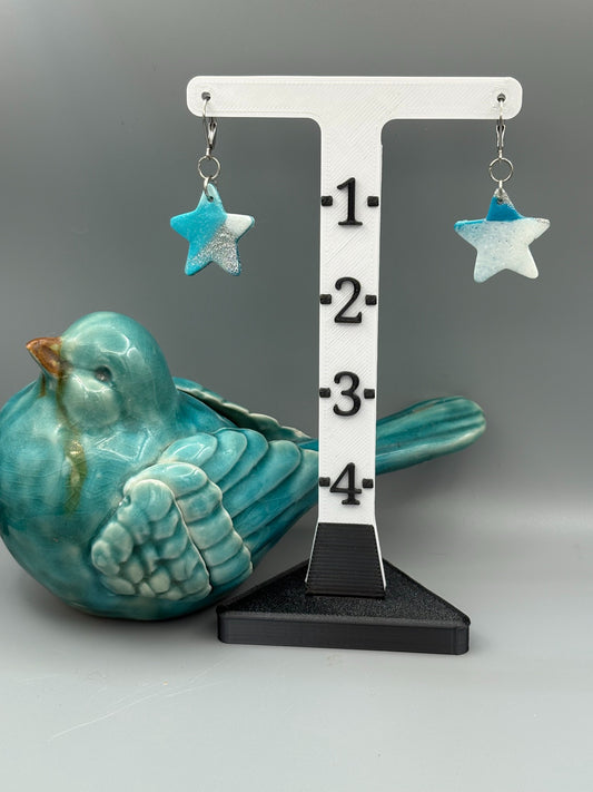 Teal & White Star Dangle Earrings - handcrafted polymer clay earrings by Lakeside Clay