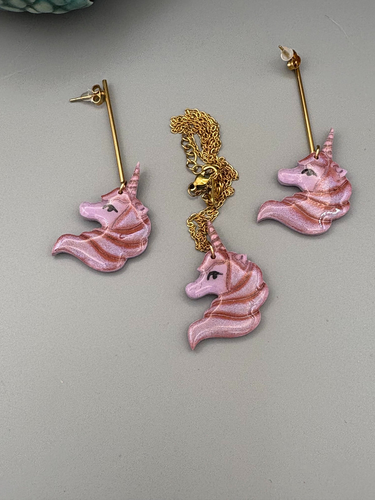 Purple Unicorn Dangle Earrings & Necklace Set - handcrafted polymer clay earrings by Lakeside Clay