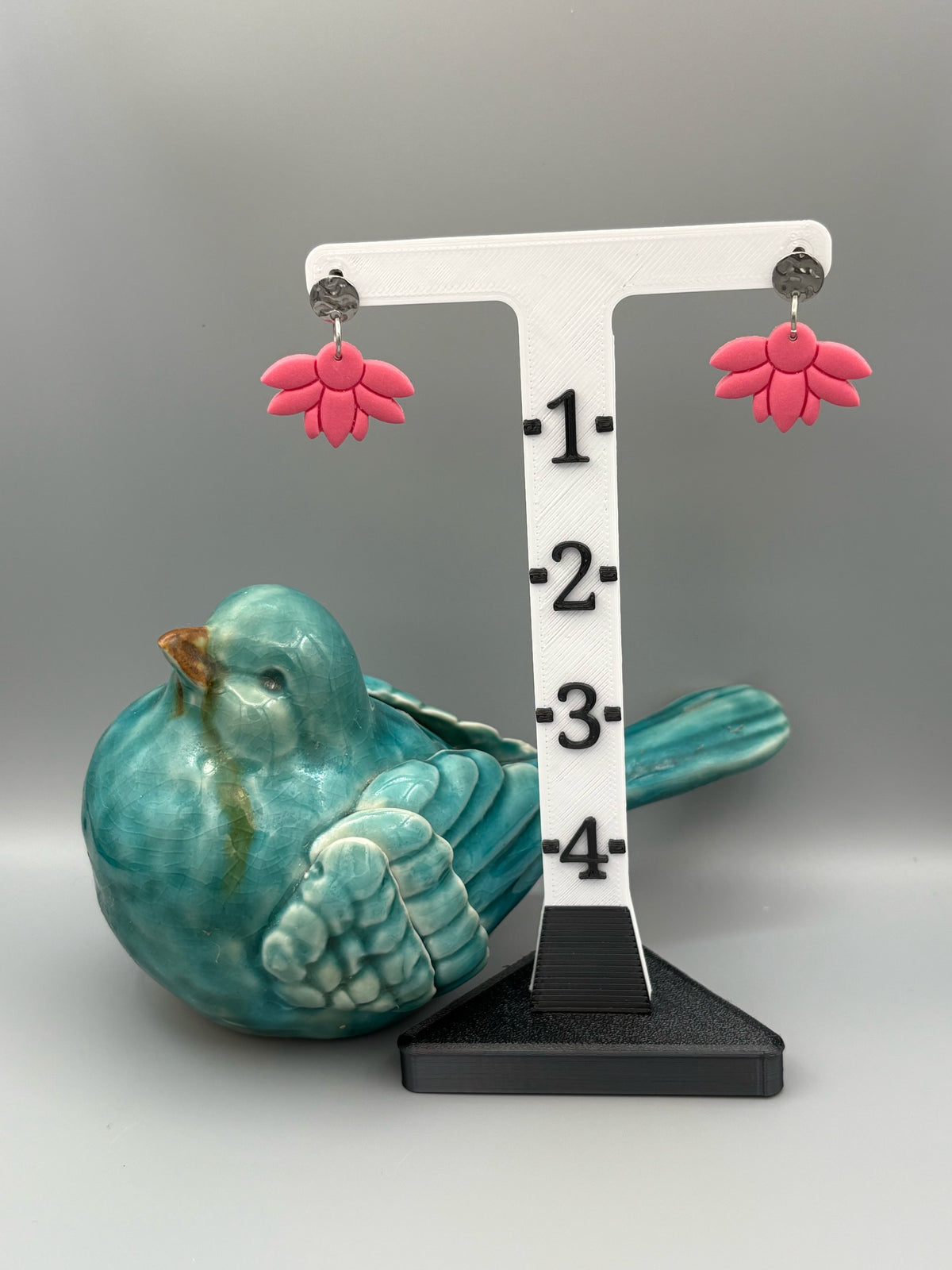 Pink Half Flower Dangle Earrings - handcrafted polymer clay earrings by Lakeside Clay