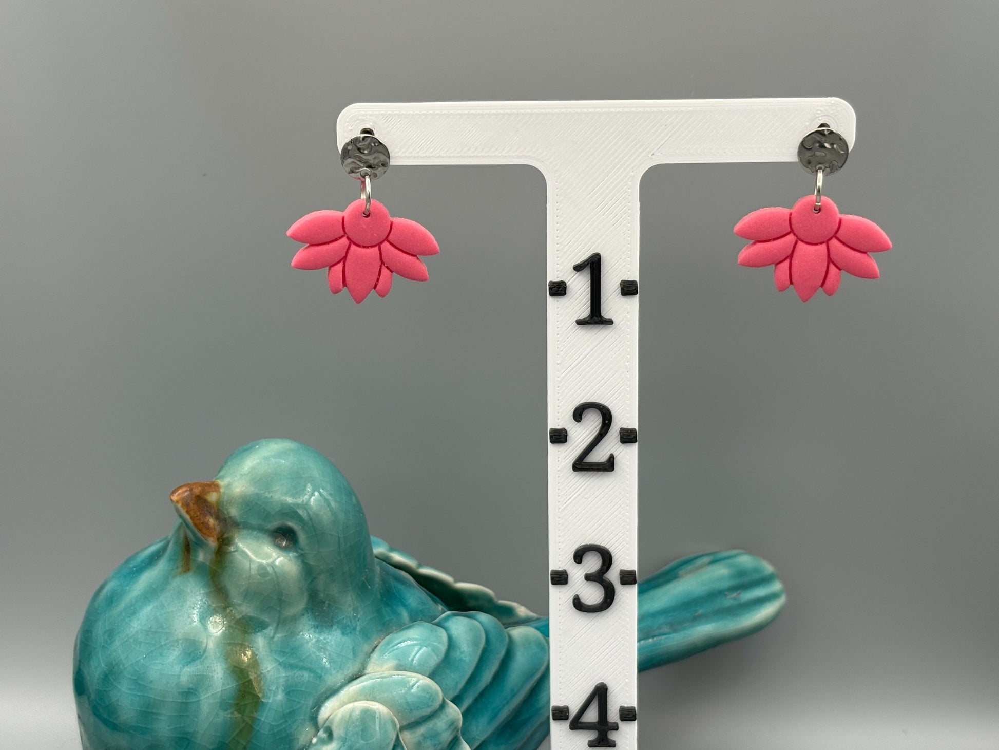 Pink Half Flower Dangle Earrings - handcrafted polymer clay earrings by Lakeside Clay
