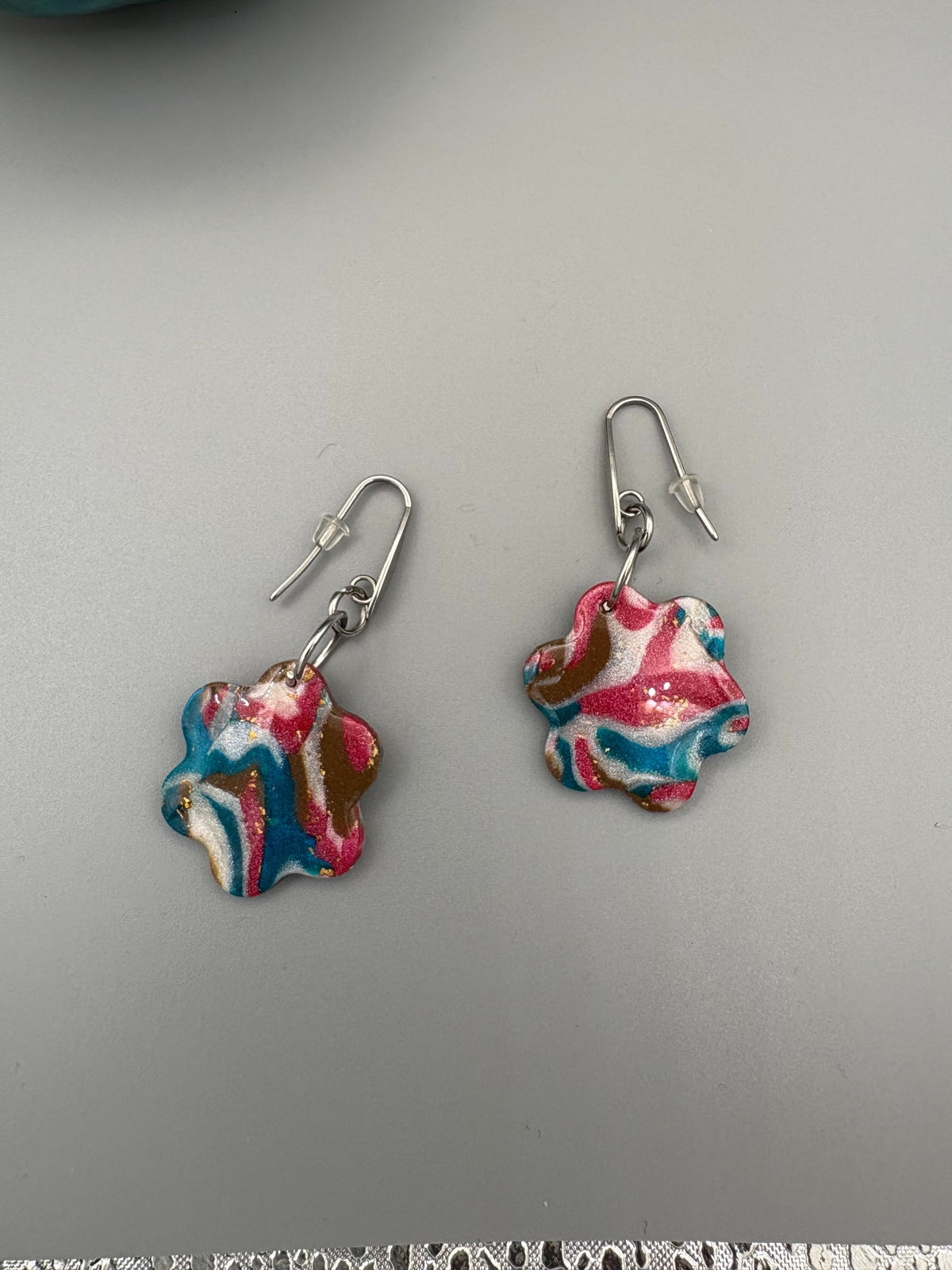 Gilded Peacock Marble Flower Dangle Earrings - handcrafted polymer clay earrings by Lakeside Clay
