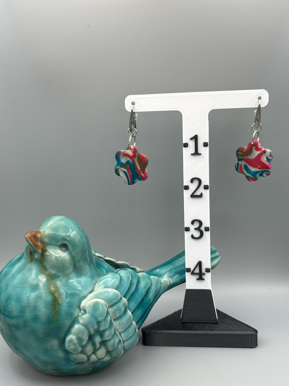 Gilded Peacock Marble Flower Dangle Earrings - handcrafted polymer clay earrings by Lakeside Clay