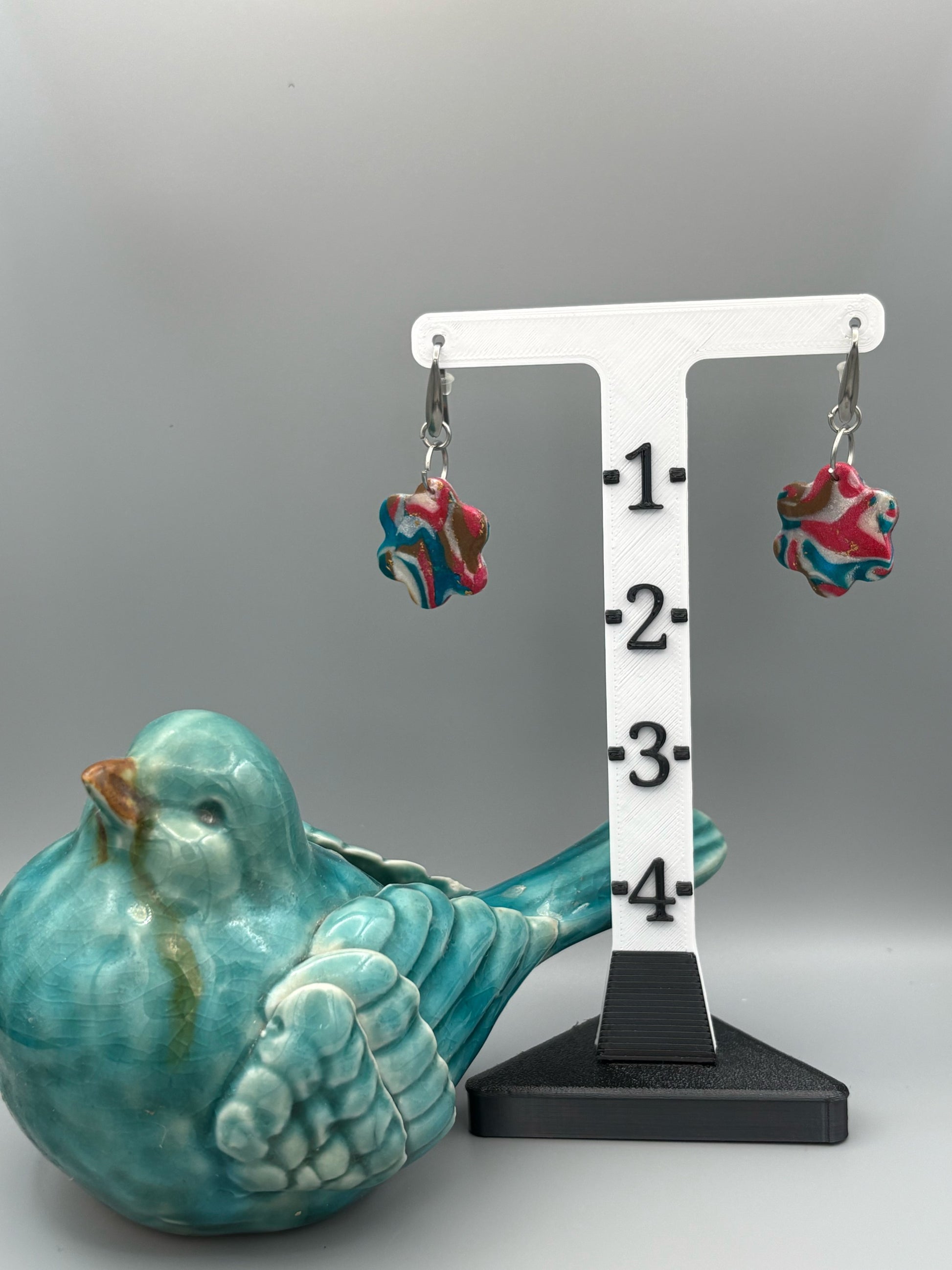 Gilded Peacock Marble Flower Dangle Earrings - handcrafted polymer clay earrings by Lakeside Clay
