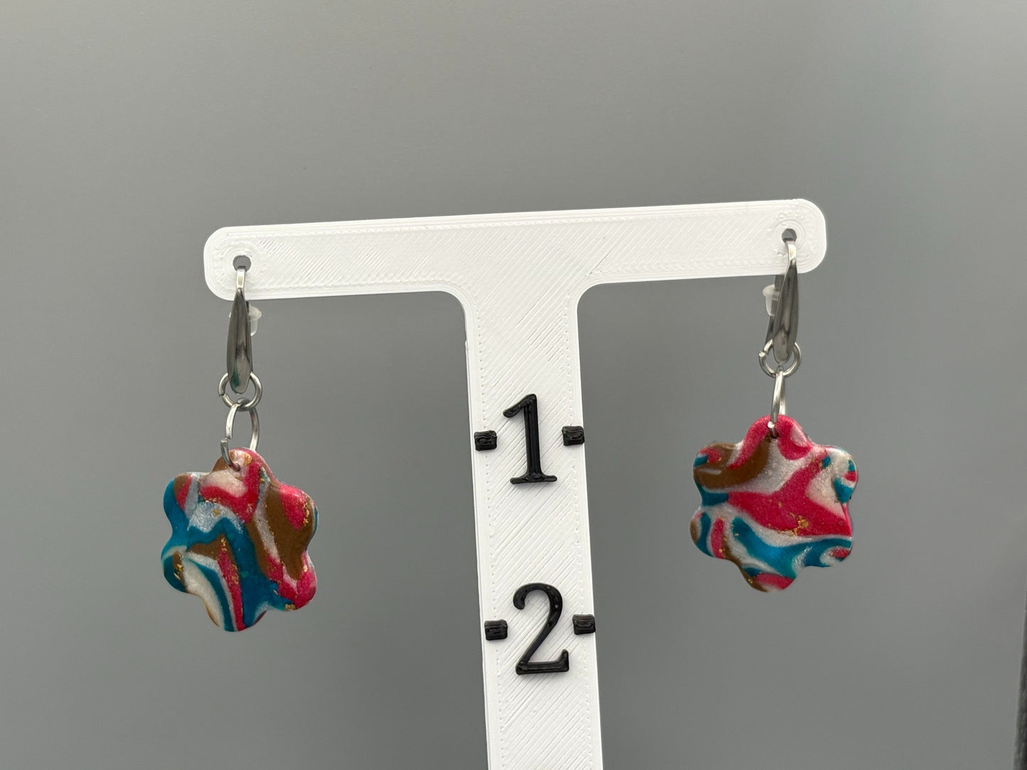 Gilded Peacock Marble Flower Dangle Earrings - handcrafted polymer clay earrings by Lakeside Clay