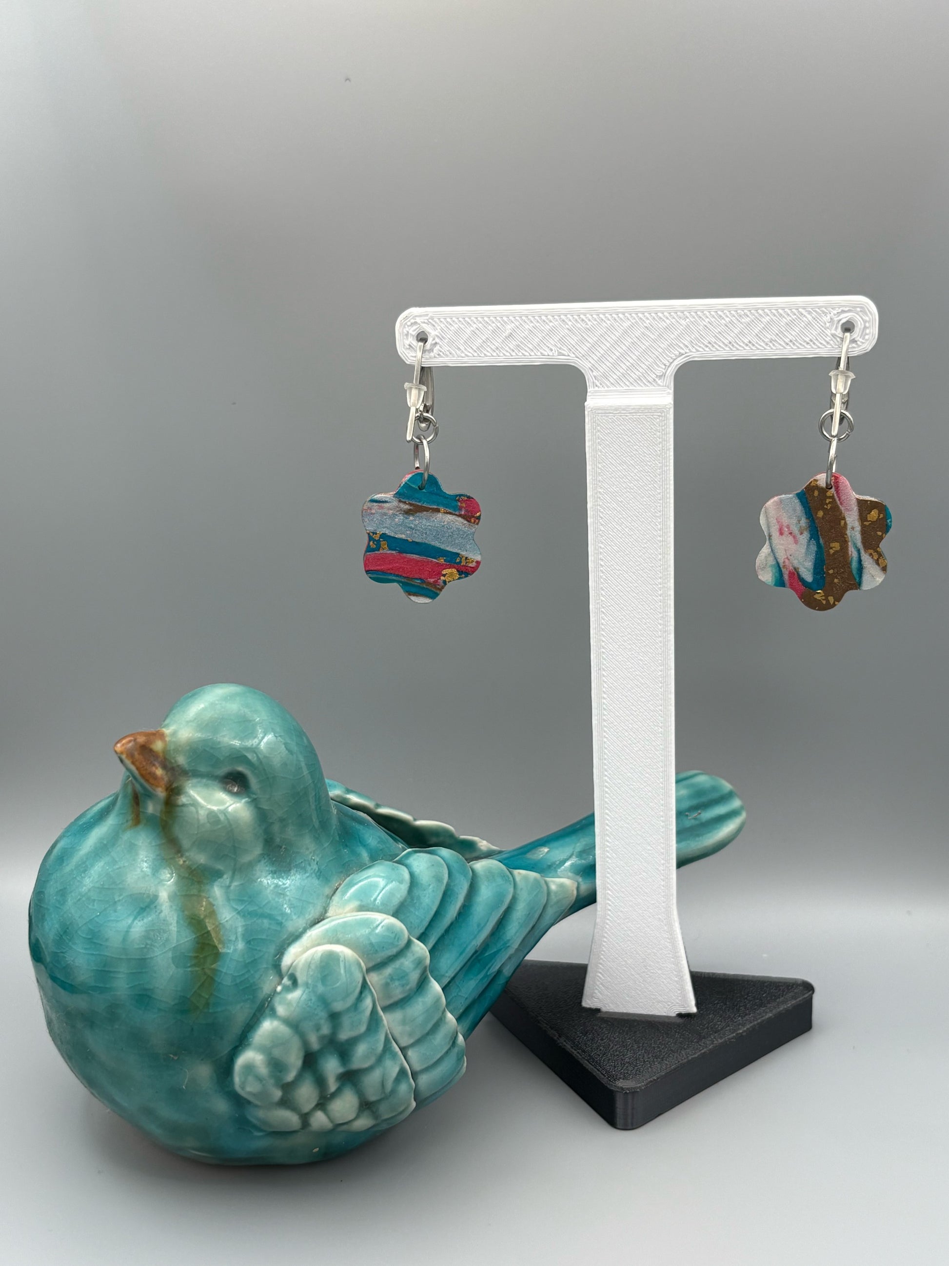 Gilded Peacock Marble Flower Dangle Earrings - handcrafted polymer clay earrings by Lakeside Clay