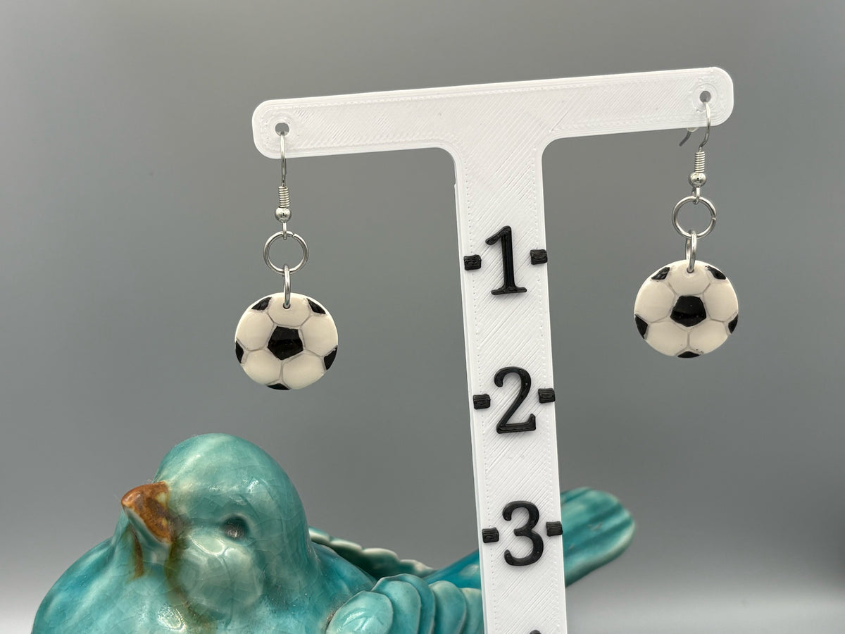 Soccer Ball Dangle Earrings - handcrafted polymer clay earrings by Lakeside Clay