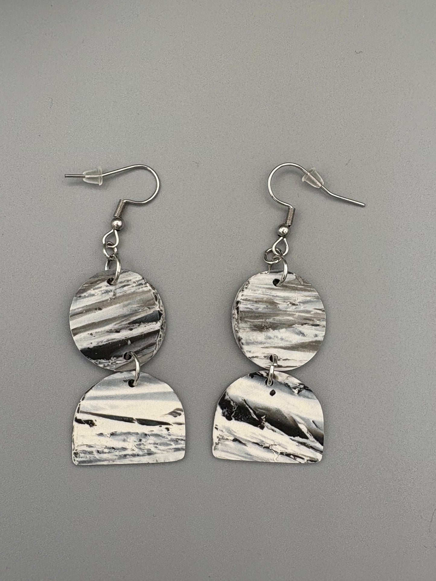 Snowstorm Circle & Semi Dangle Earrings - handcrafted polymer clay earrings by Lakeside Clay