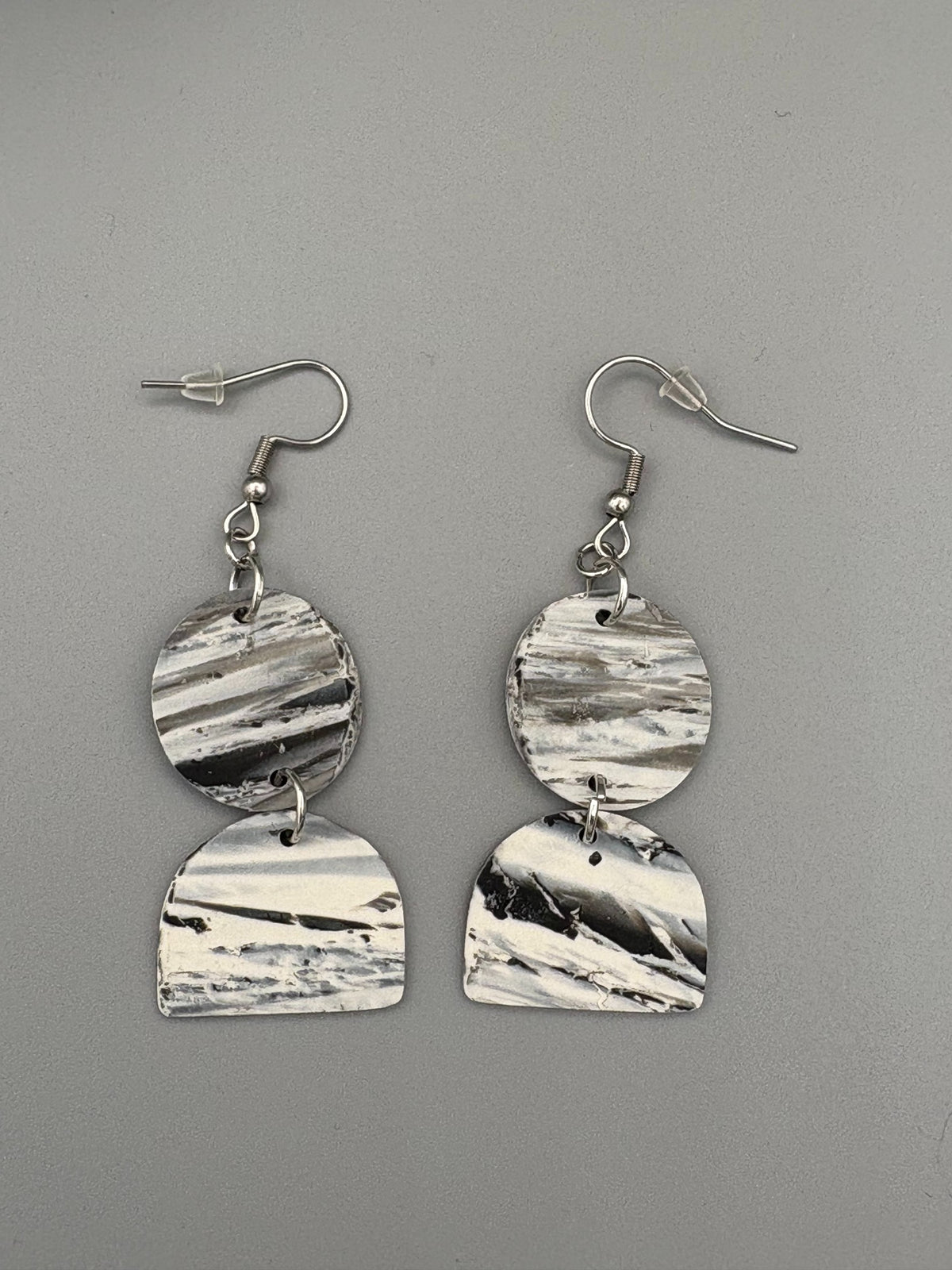 Snowstorm Circle & Semi Dangle Earrings - handcrafted polymer clay earrings by Lakeside Clay