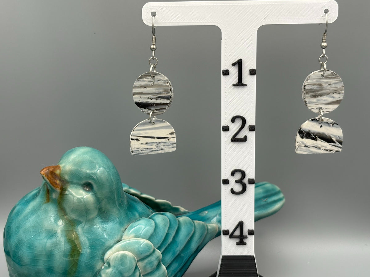 Snowstorm Circle & Semi Dangle Earrings - handcrafted polymer clay earrings by Lakeside Clay