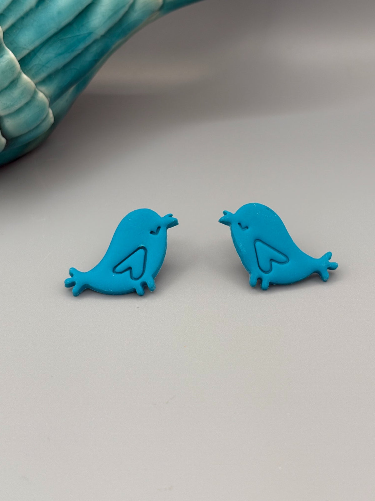 Teal Love Bird Stud Earrings - handcrafted polymer clay earrings by Lakeside Clay