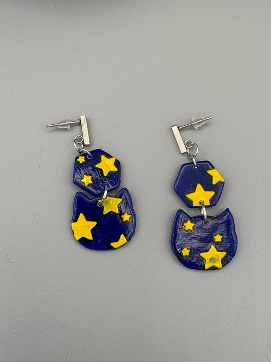 Starry Sky Cat Dangle Earrings - handcrafted polymer clay earrings by Lakeside Clay