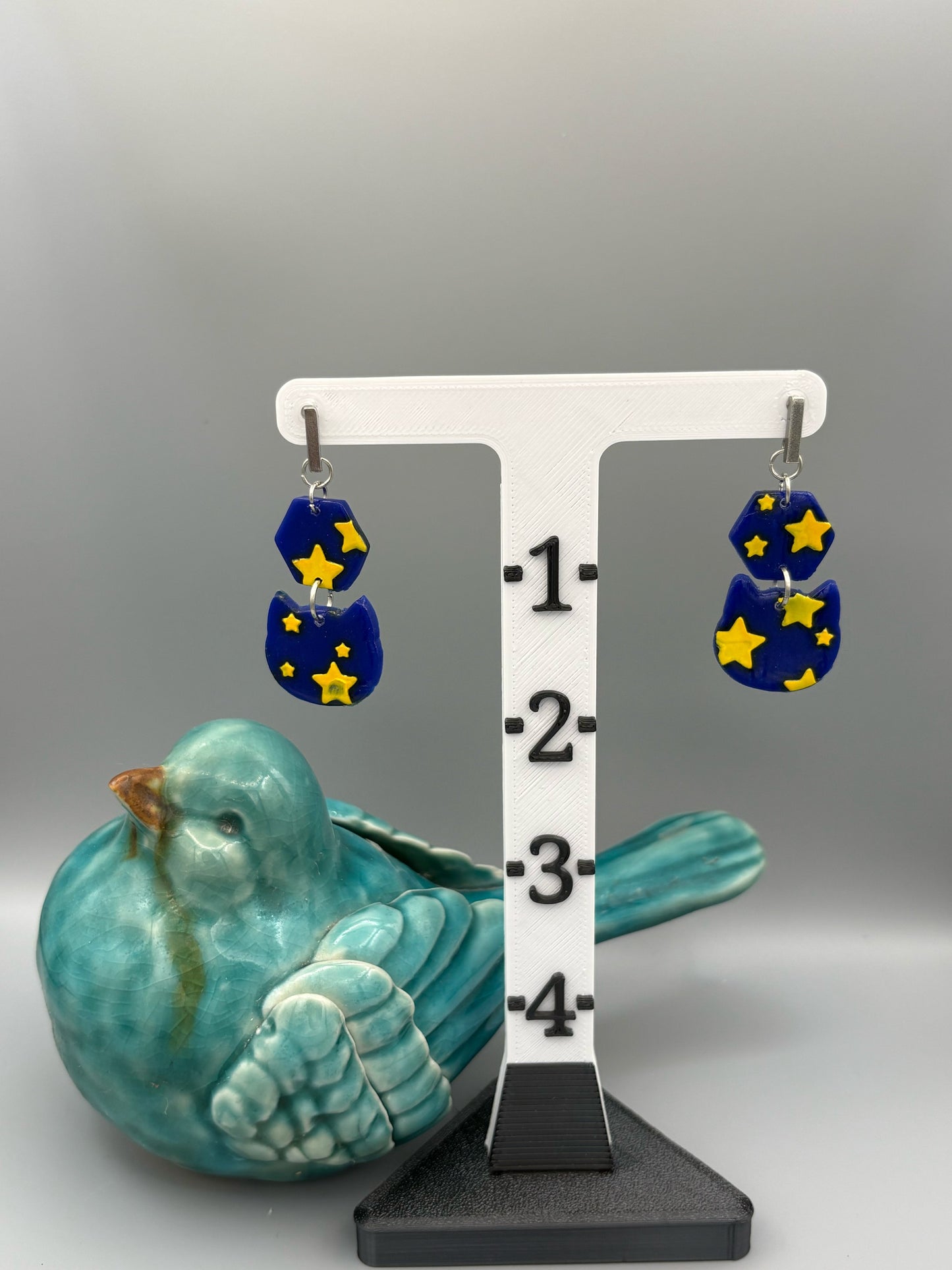 Starry Sky Cat Dangle Earrings - handcrafted polymer clay earrings by Lakeside Clay
