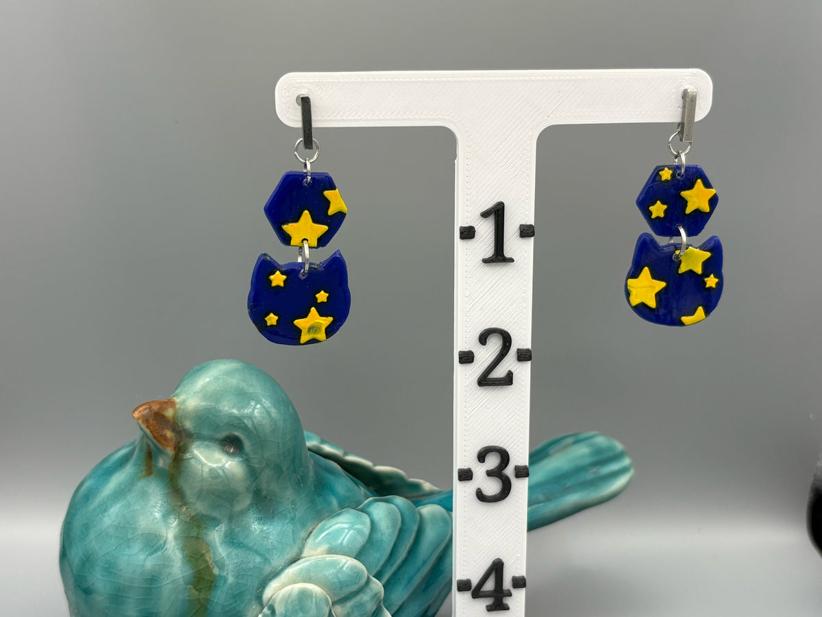 Starry Sky Cat Dangle Earrings - handcrafted polymer clay earrings by Lakeside Clay