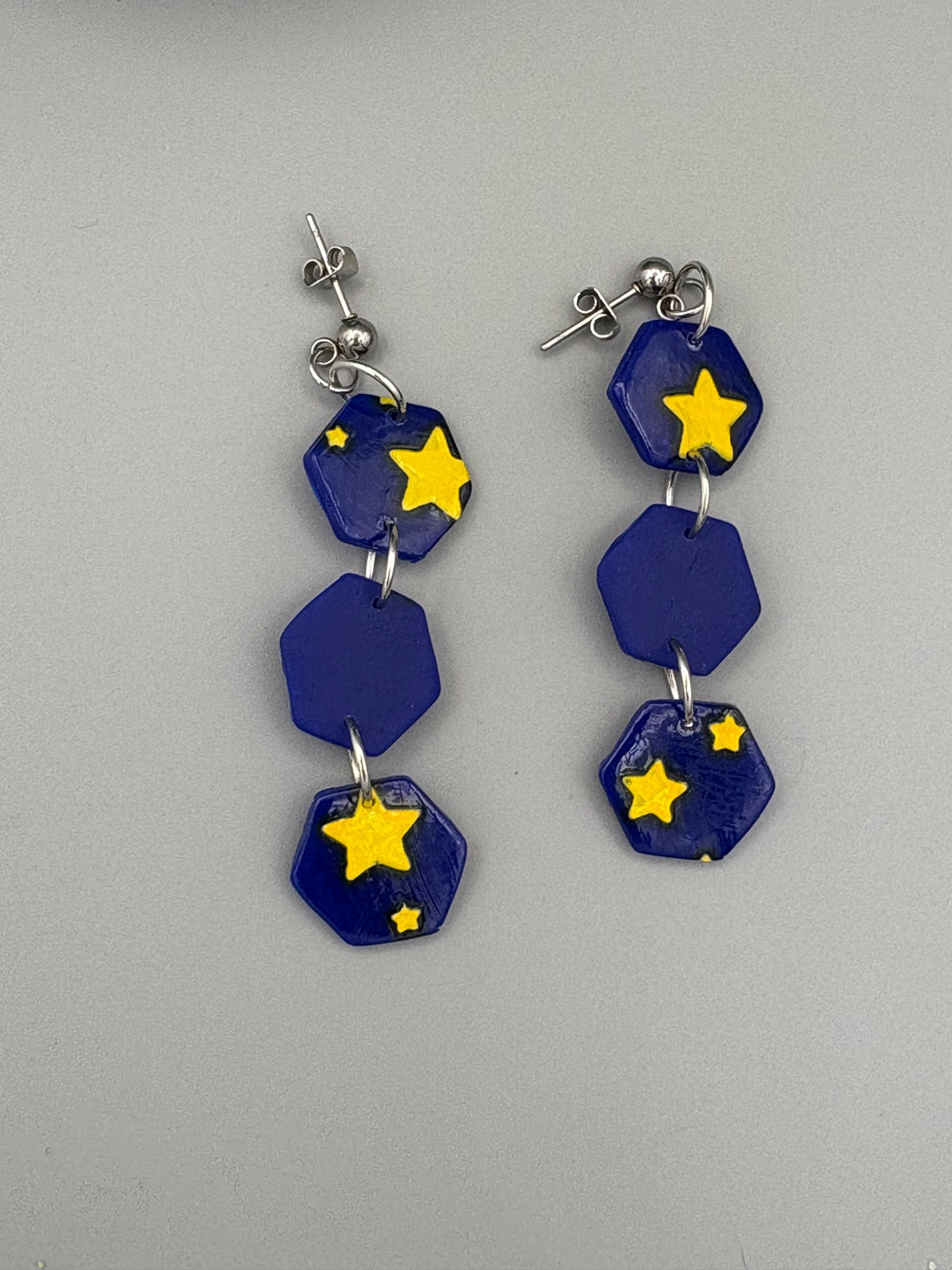 Starry Sky Triple Hexagon Dangle Earrings - handcrafted polymer clay earrings by Lakeside Clay