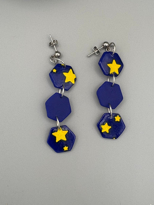 Starry Sky Triple Hexagon Dangle Earrings - handcrafted polymer clay earrings by Lakeside Clay