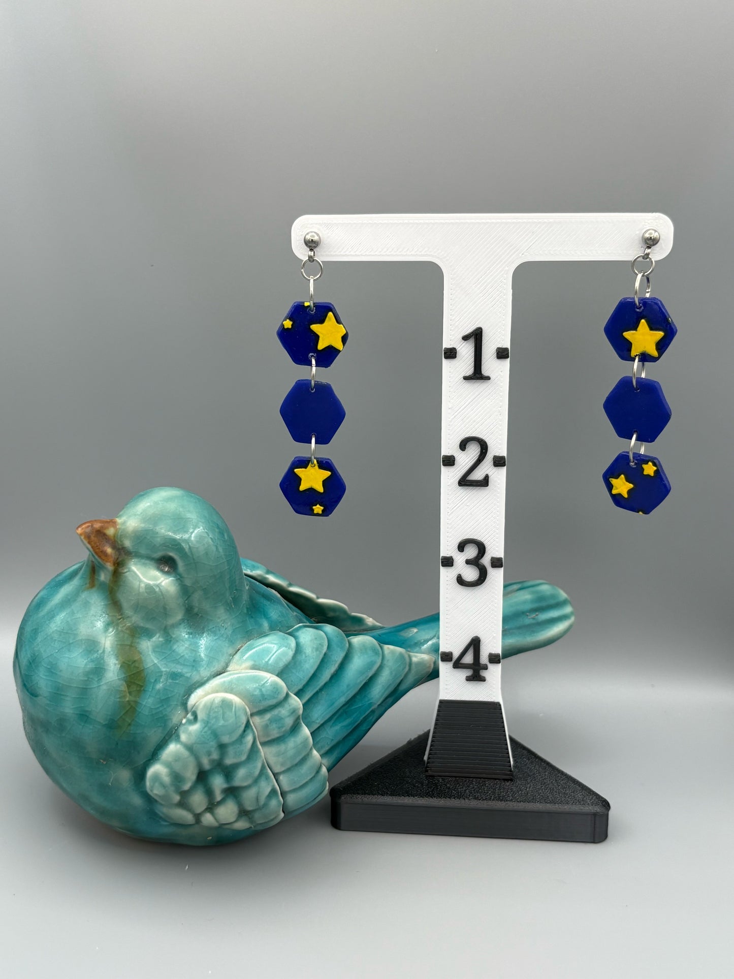 Starry Sky Triple Hexagon Dangle Earrings - handcrafted polymer clay earrings by Lakeside Clay