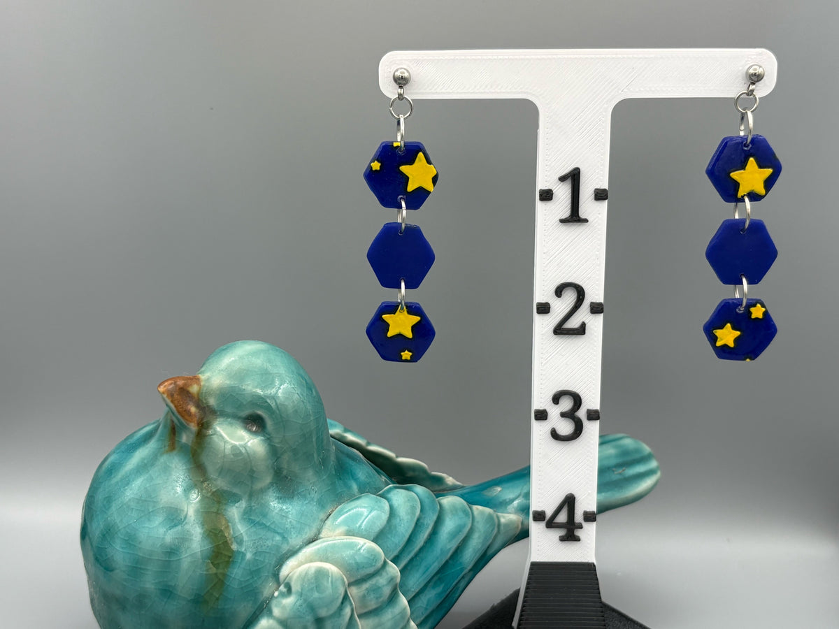 Starry Sky Triple Hexagon Dangle Earrings - handcrafted polymer clay earrings by Lakeside Clay