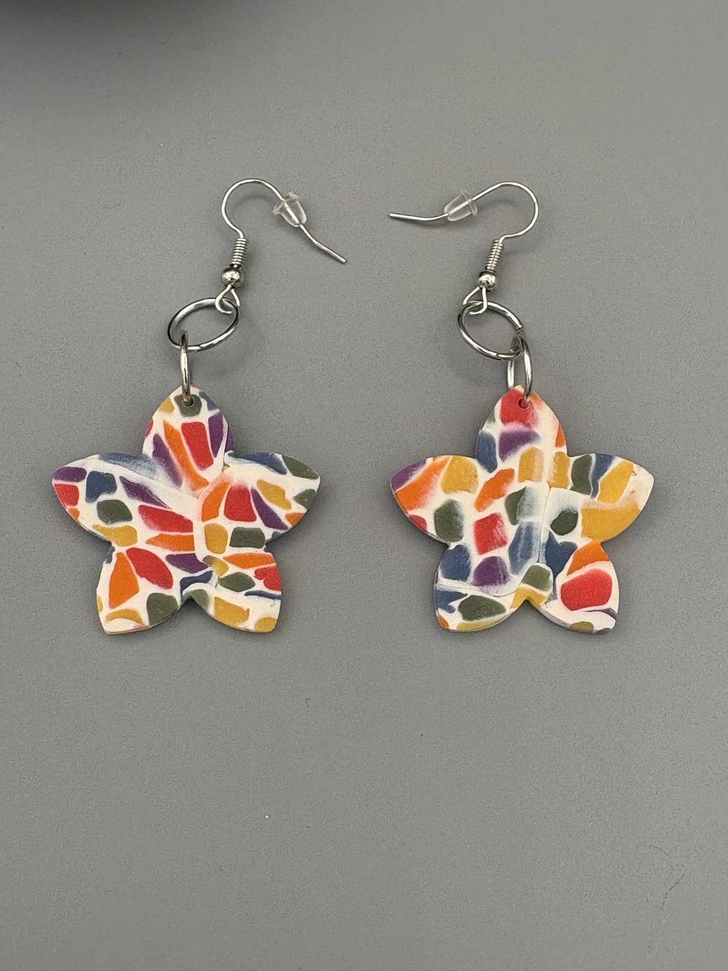 Rainbow Mosaic Star Flower Dangle Earrings - handcrafted polymer clay earrings by Lakeside Clay