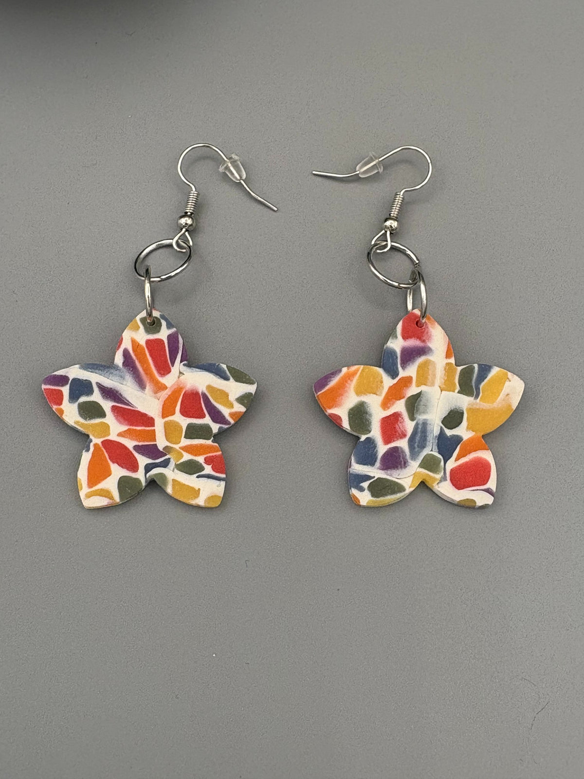 Rainbow Mosaic Star Flower Dangle Earrings - handcrafted polymer clay earrings by Lakeside Clay
