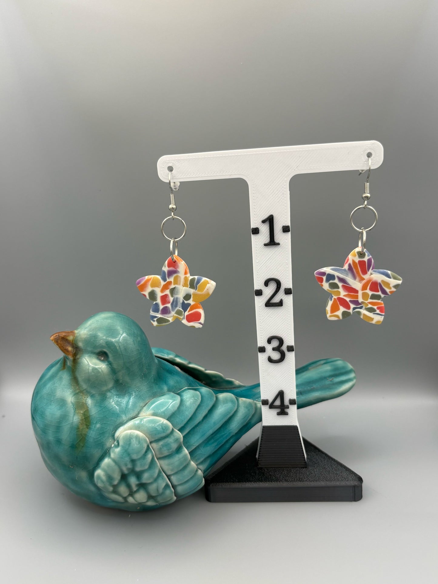 Rainbow Mosaic Star Flower Dangle Earrings - handcrafted polymer clay earrings by Lakeside Clay