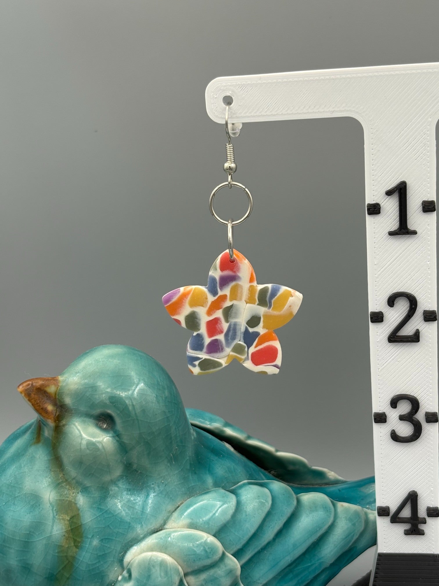 Rainbow Mosaic Star Flower Dangle Earrings - handcrafted polymer clay earrings by Lakeside Clay