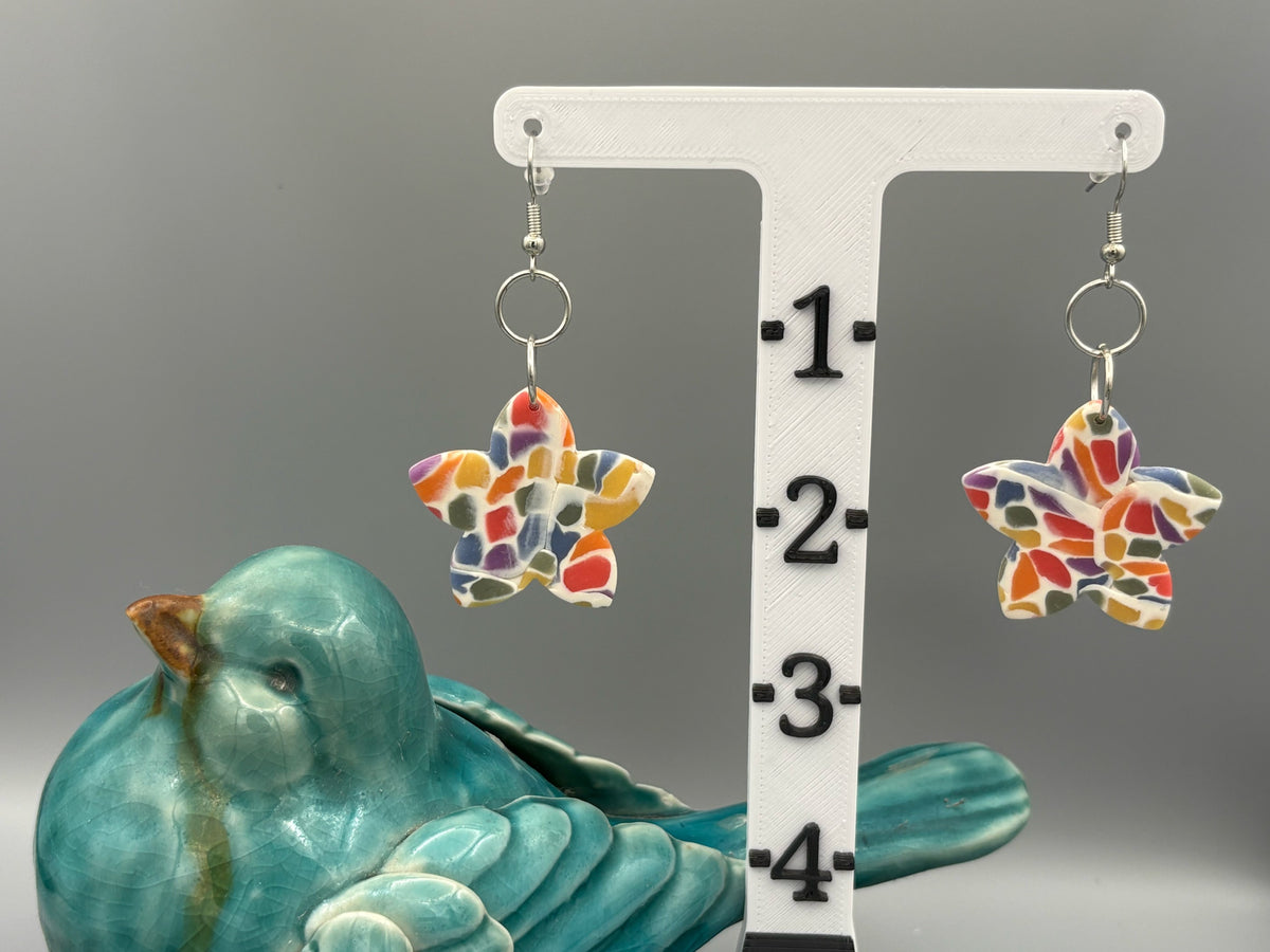 Rainbow Mosaic Star Flower Dangle Earrings - handcrafted polymer clay earrings by Lakeside Clay