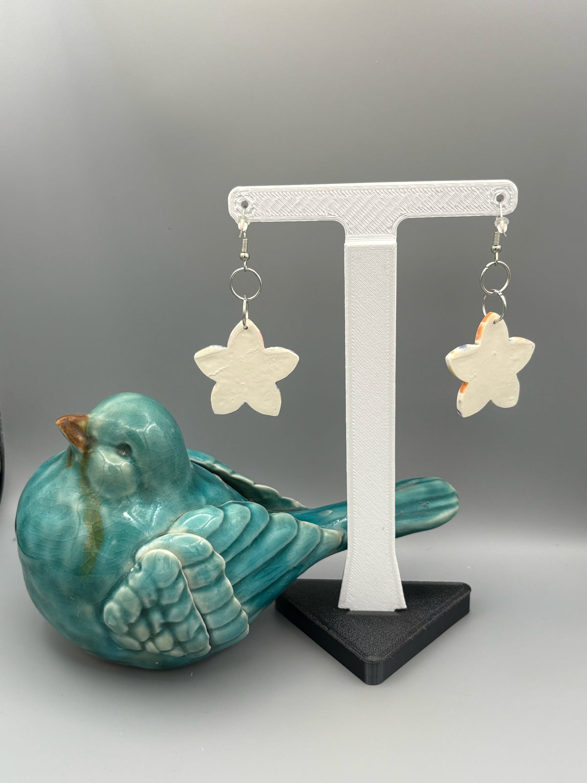 Rainbow Mosaic Star Flower Dangle Earrings - handcrafted polymer clay earrings by Lakeside Clay