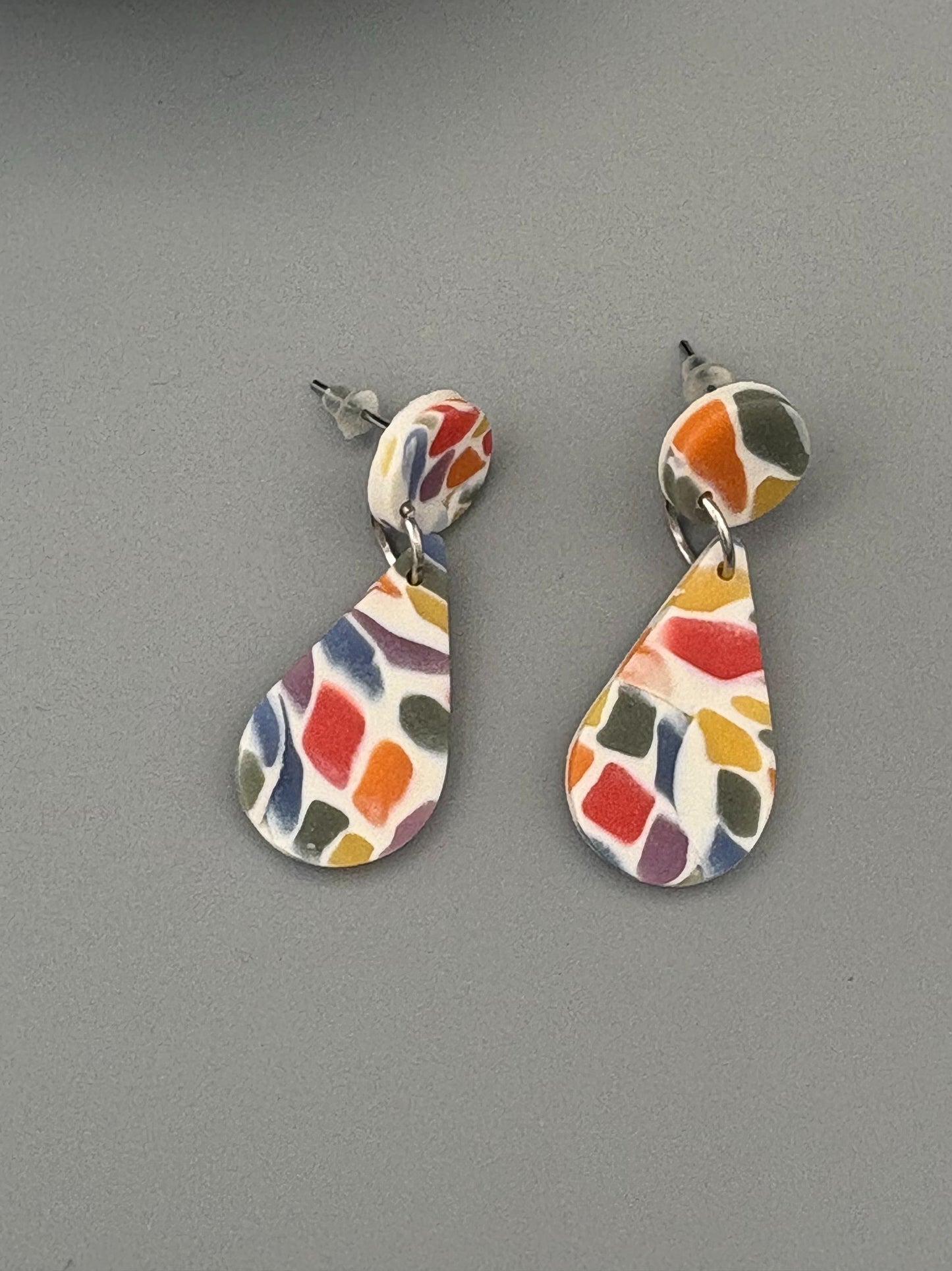 Rainbow Mosaic Drop Dangle Earrings - handcrafted polymer clay earrings by Lakeside Clay