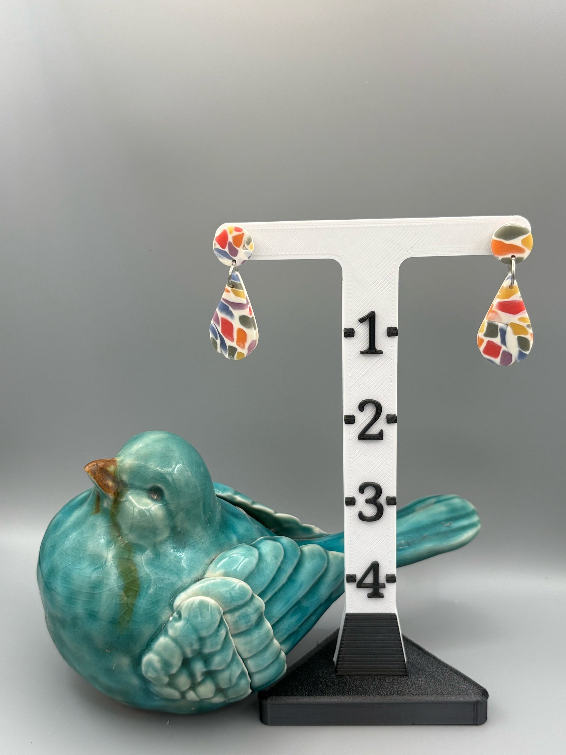 Rainbow Mosaic Drop Dangle Earrings - handcrafted polymer clay earrings by Lakeside Clay