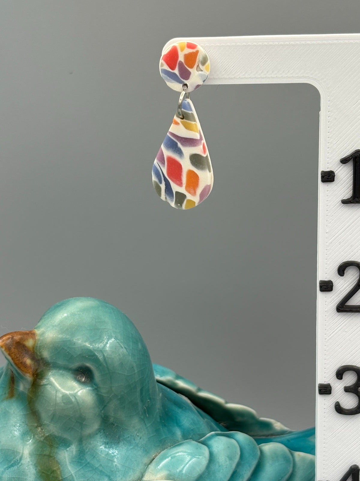 Rainbow Mosaic Drop Dangle Earrings - handcrafted polymer clay earrings by Lakeside Clay