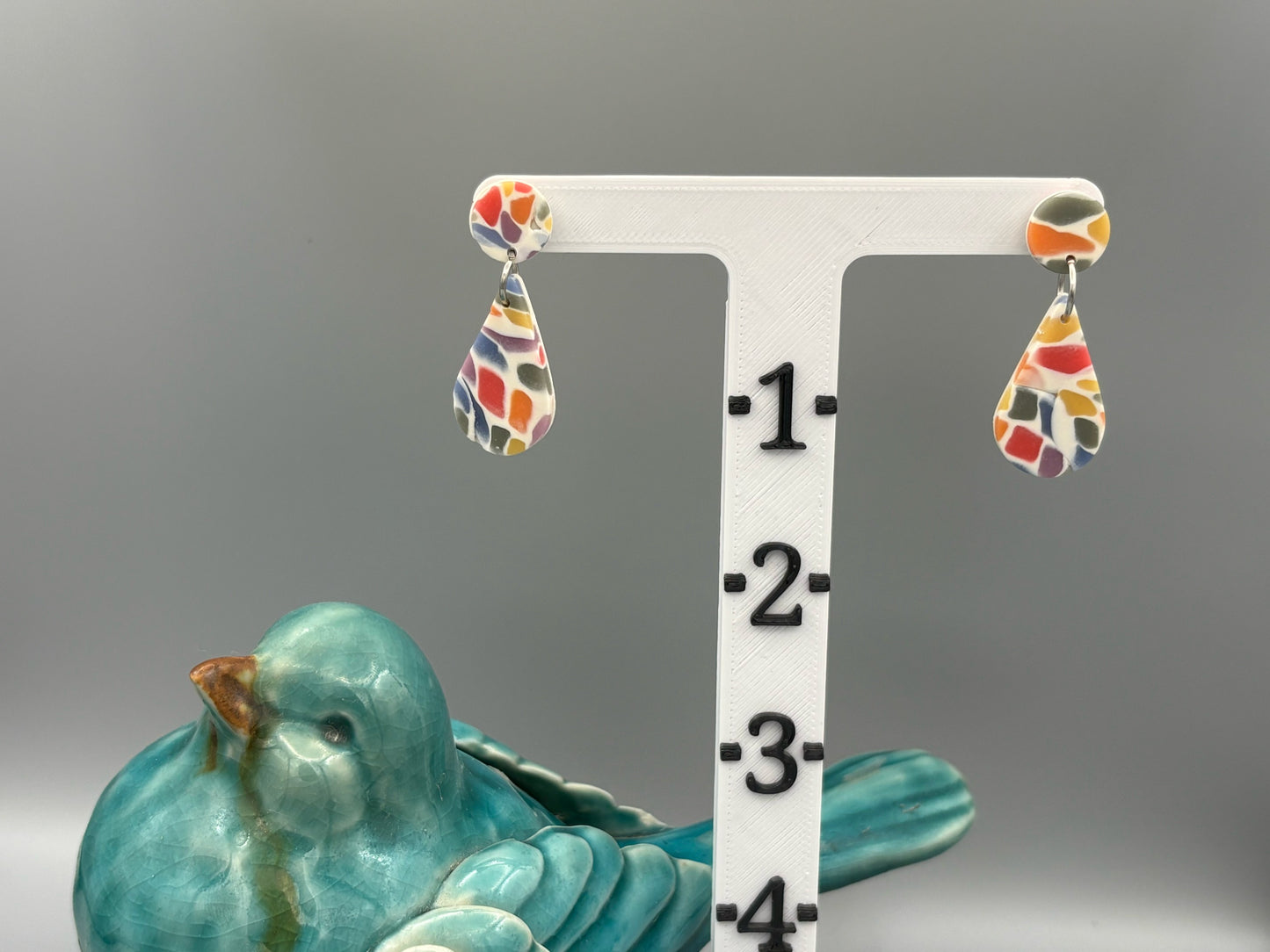 Rainbow Mosaic Drop Dangle Earrings - handcrafted polymer clay earrings by Lakeside Clay