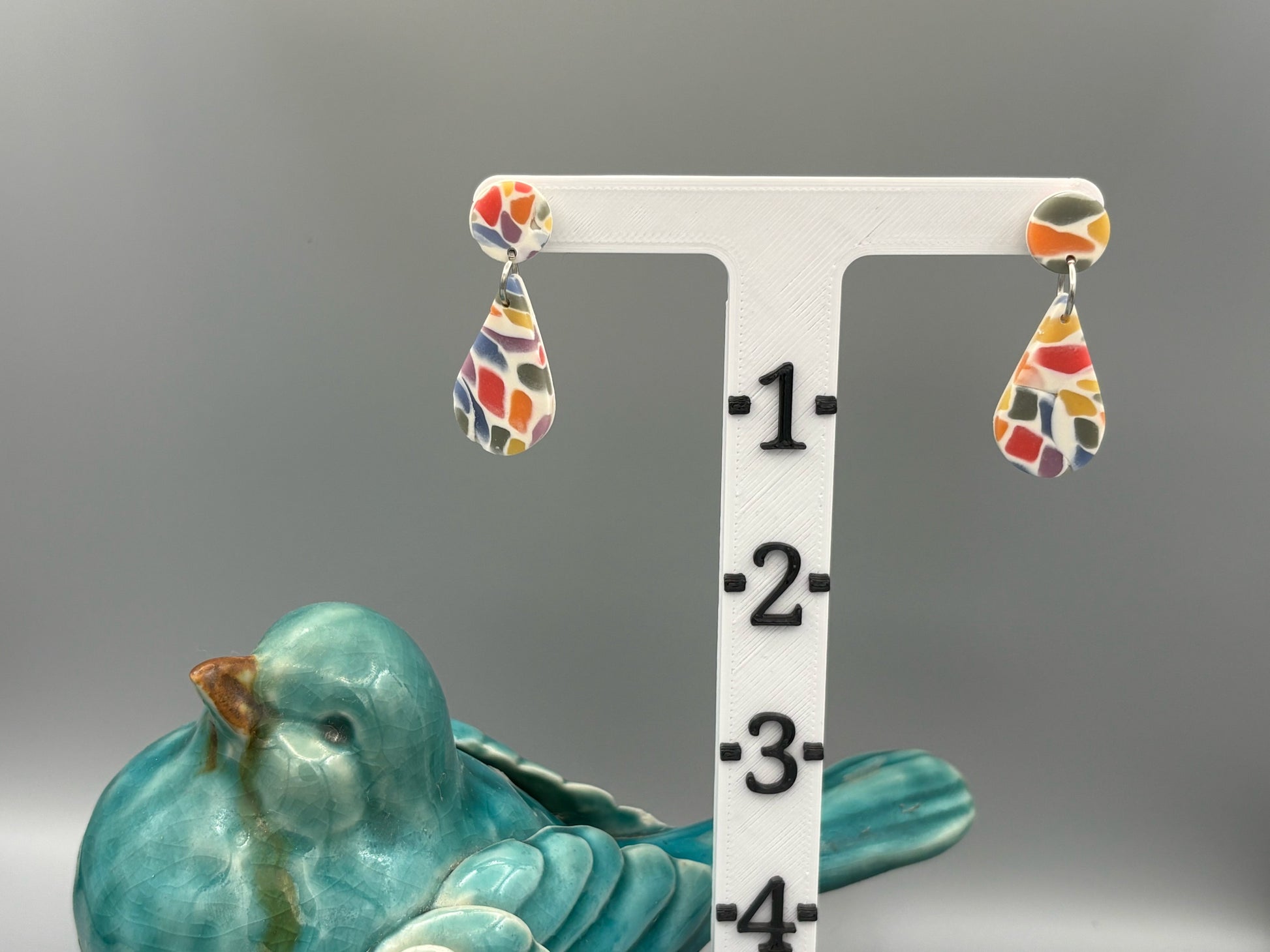 Rainbow Mosaic Drop Dangle Earrings - handcrafted polymer clay earrings by Lakeside Clay