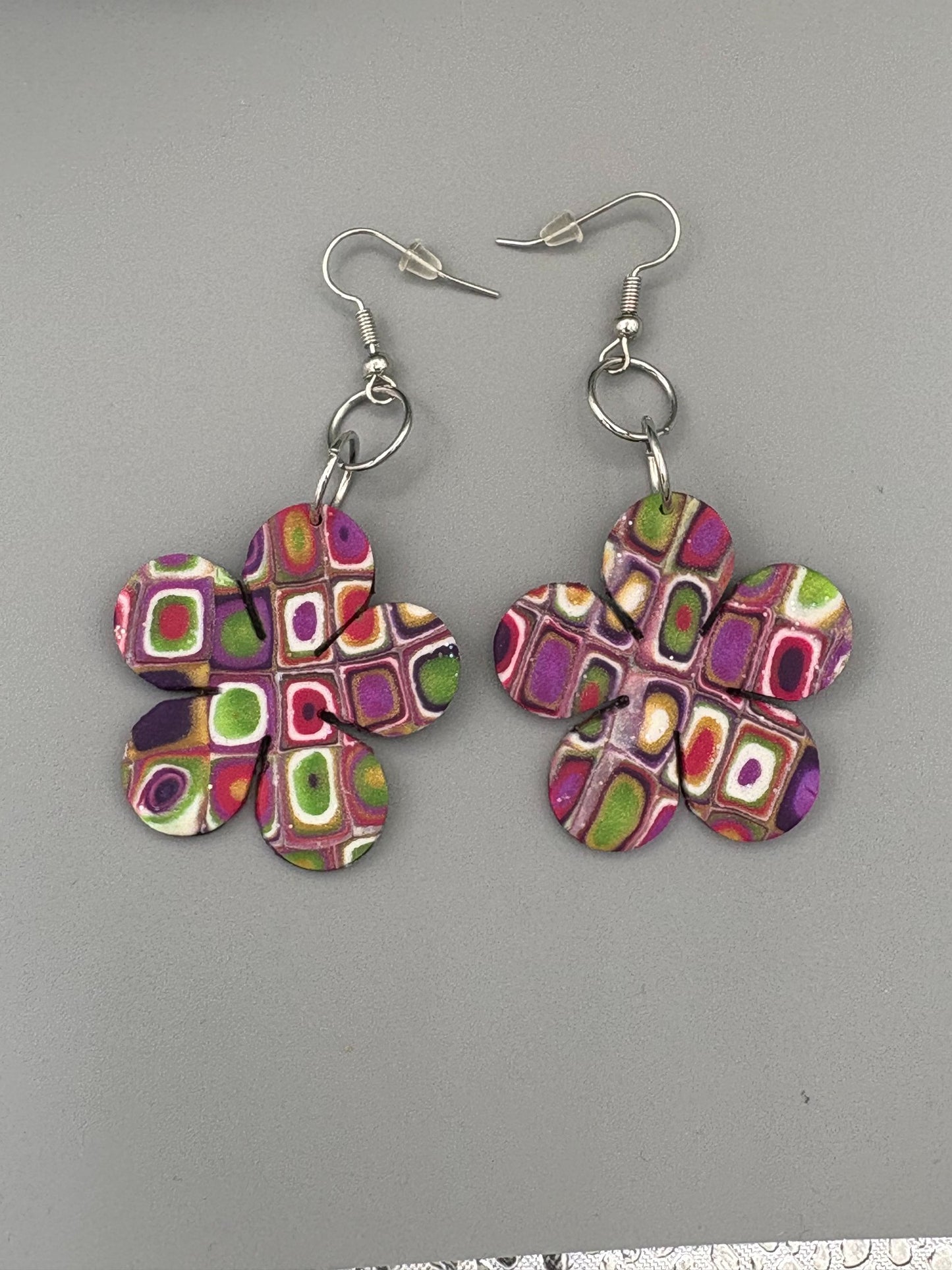 Retro Pattern Flower Dangle Earrings - handcrafted polymer clay earrings by Lakeside Clay