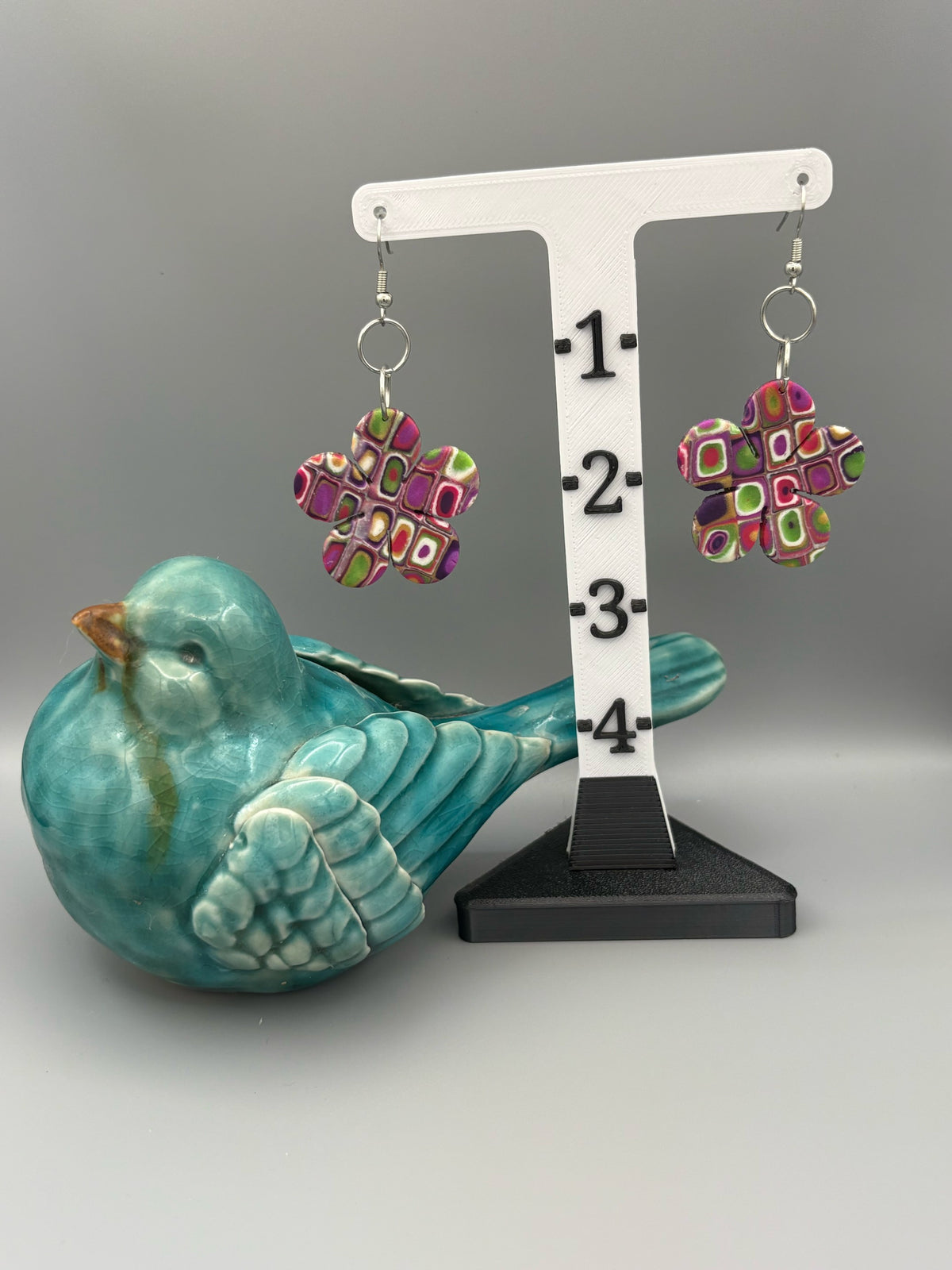 Retro Pattern Flower Dangle Earrings - handcrafted polymer clay earrings by Lakeside Clay