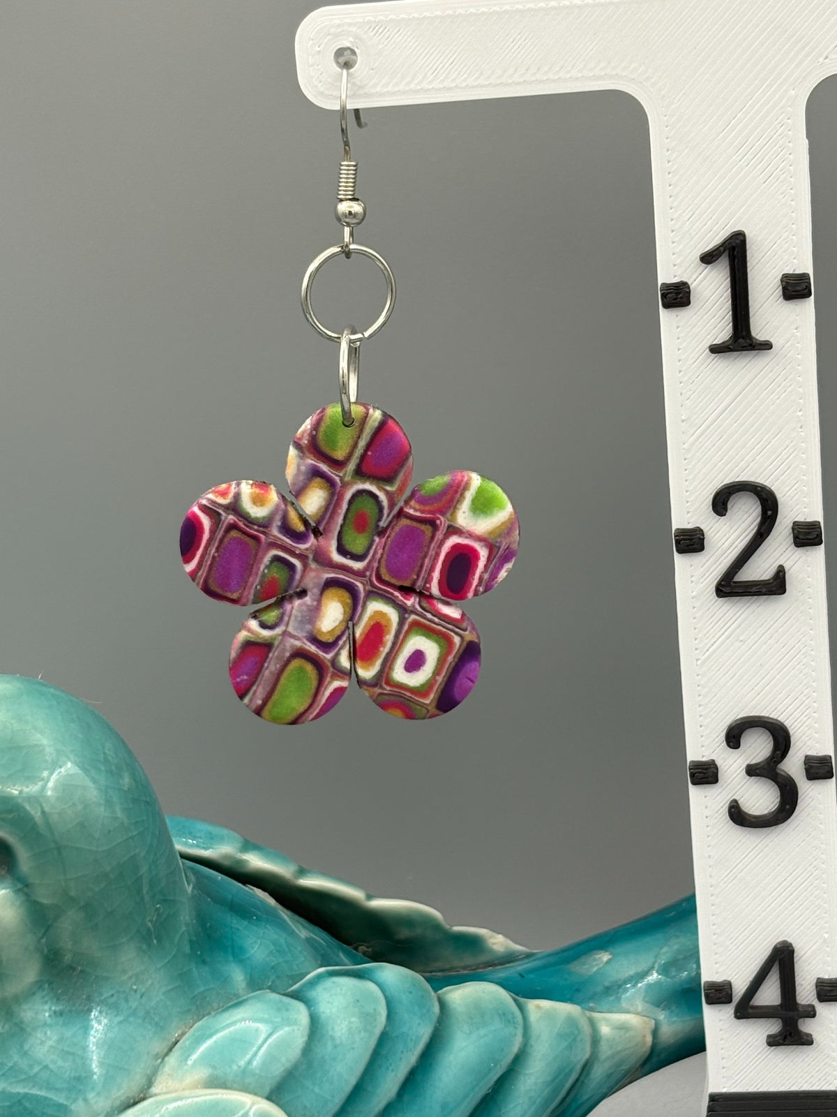 Retro Pattern Flower Dangle Earrings - handcrafted polymer clay earrings by Lakeside Clay