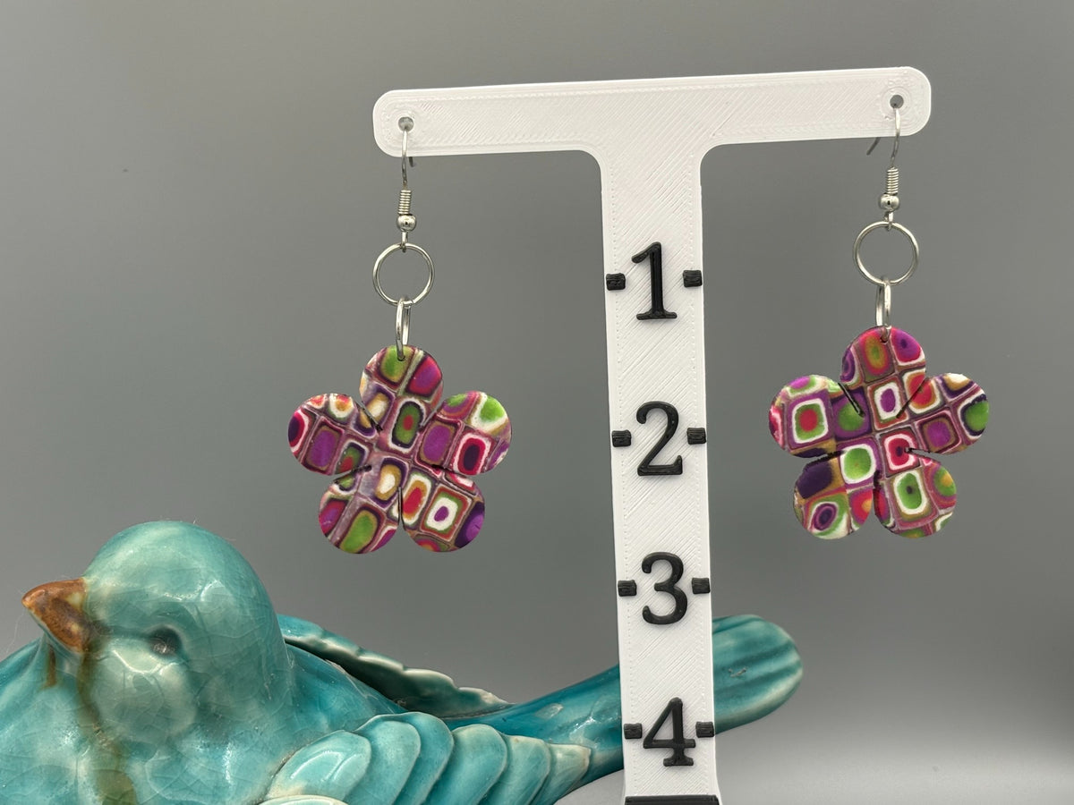 Retro Pattern Flower Dangle Earrings - handcrafted polymer clay earrings by Lakeside Clay