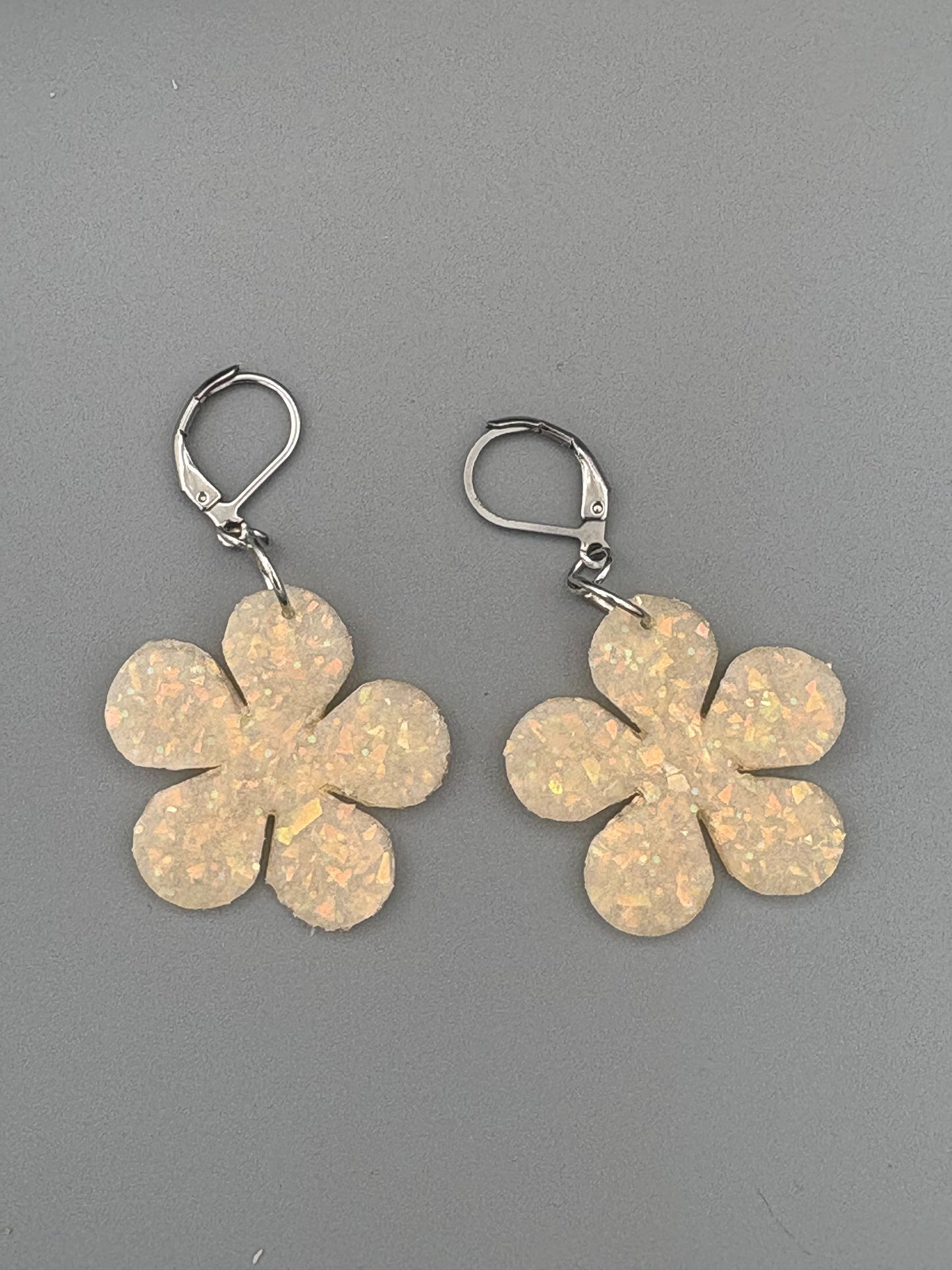 Opalescent Flower Dangle Earrings - handcrafted polymer clay earrings by Lakeside Clay