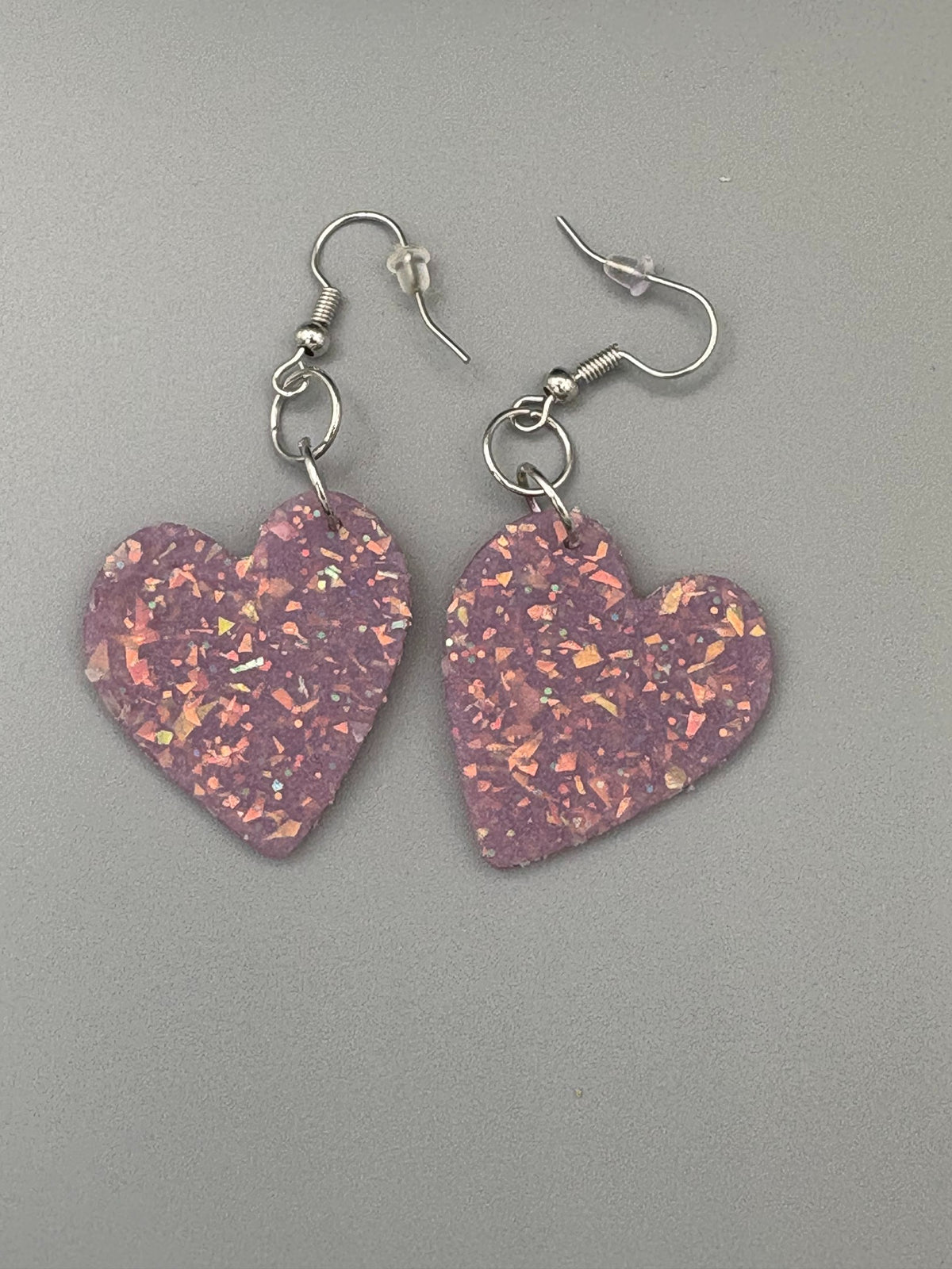 Purple Opalescent Heart Dangle Earrings - handcrafted polymer clay earrings by Lakeside Clay