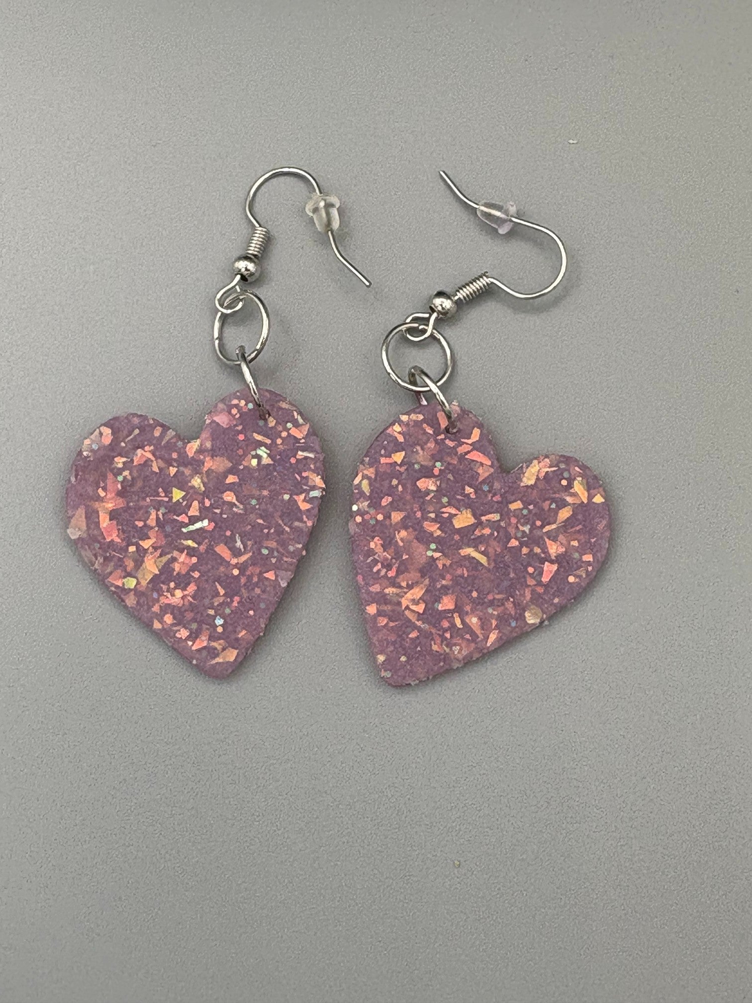 Purple Opalescent Heart Dangle Earrings - handcrafted polymer clay earrings by Lakeside Clay