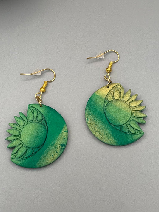 Green & Gold Sun & Moon Dangle Earrings - handcrafted polymer clay earrings by Lakeside Clay