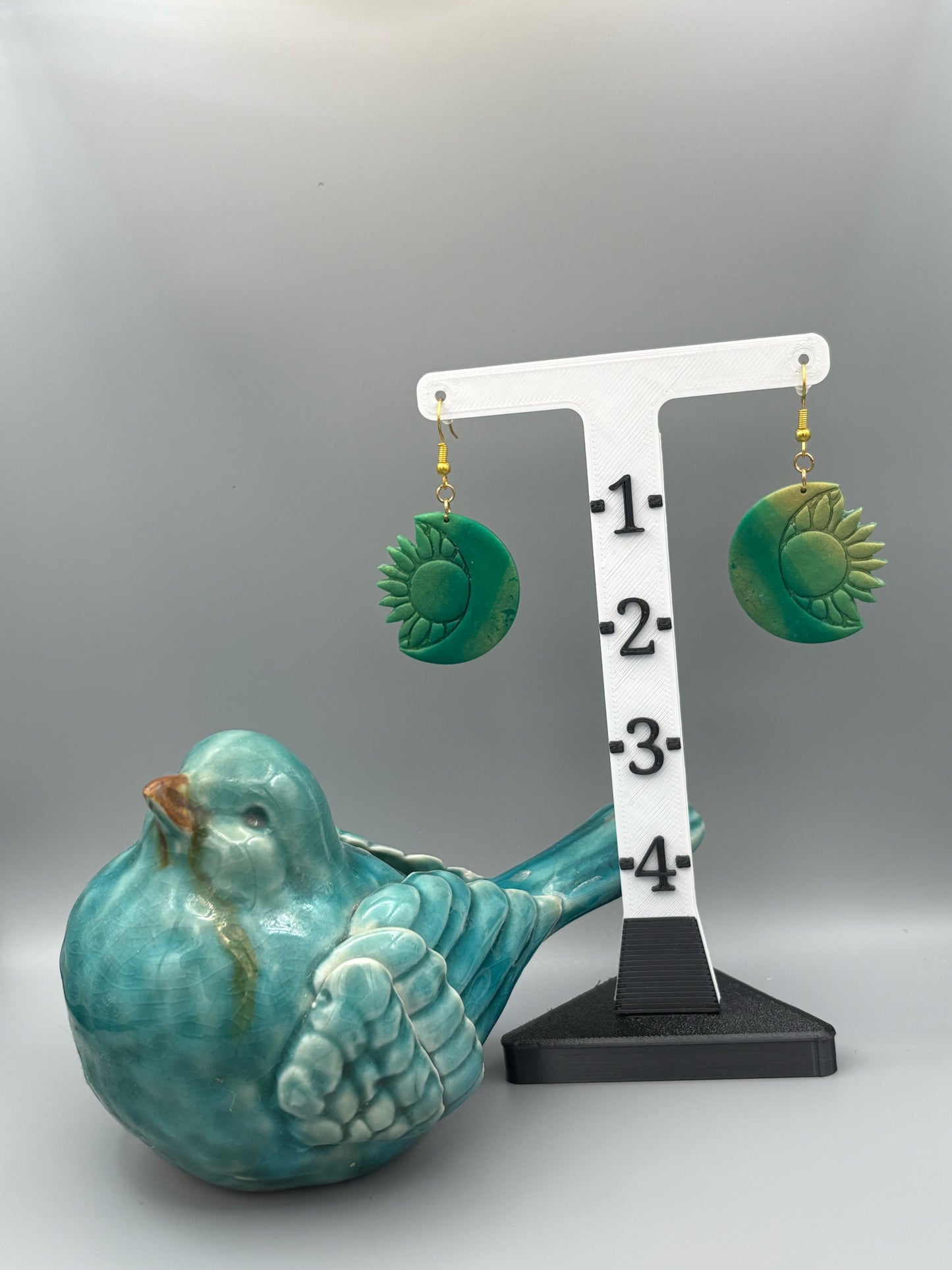 Green & Gold Sun & Moon Dangle Earrings - handcrafted polymer clay earrings by Lakeside Clay