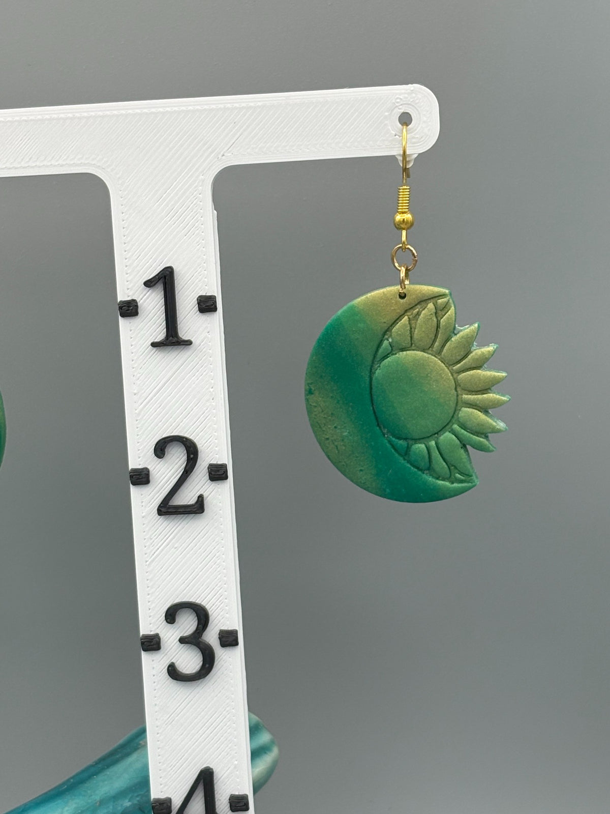 Green & Gold Sun & Moon Dangle Earrings - handcrafted polymer clay earrings by Lakeside Clay