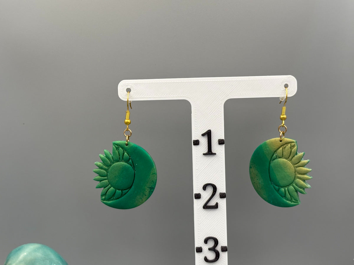 Green & Gold Sun & Moon Dangle Earrings - handcrafted polymer clay earrings by Lakeside Clay