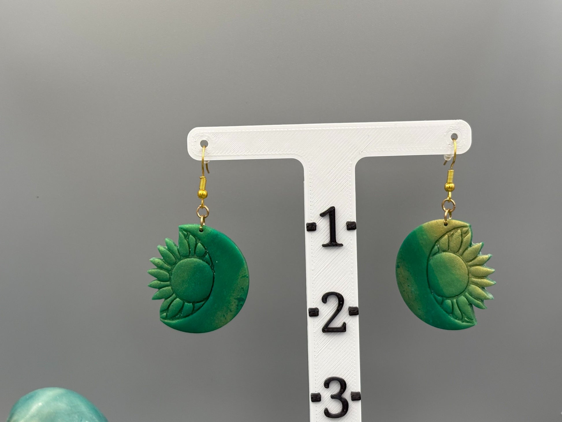 Green & Gold Sun & Moon Dangle Earrings - handcrafted polymer clay earrings by Lakeside Clay