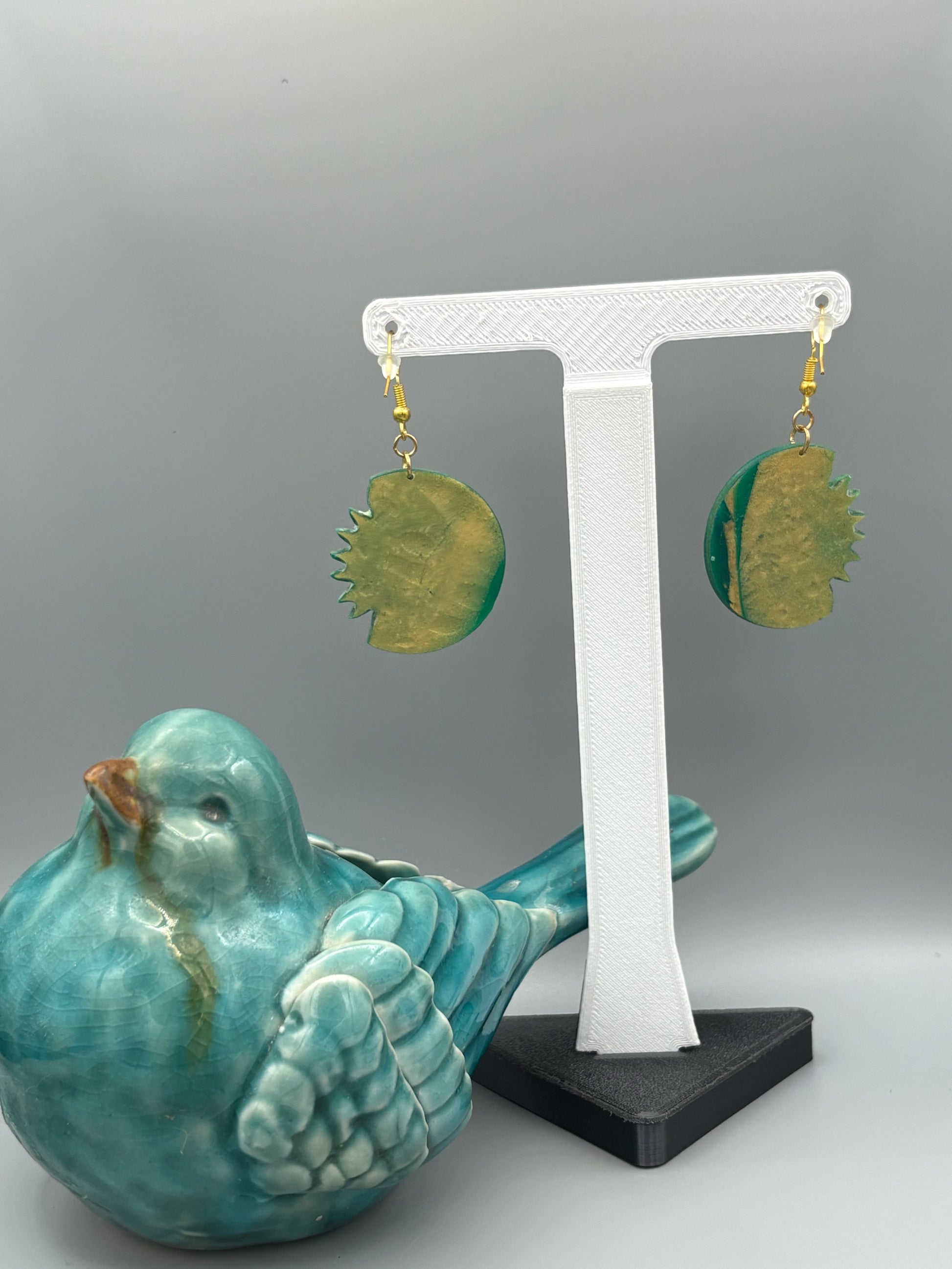 Green & Gold Sun & Moon Dangle Earrings - handcrafted polymer clay earrings by Lakeside Clay