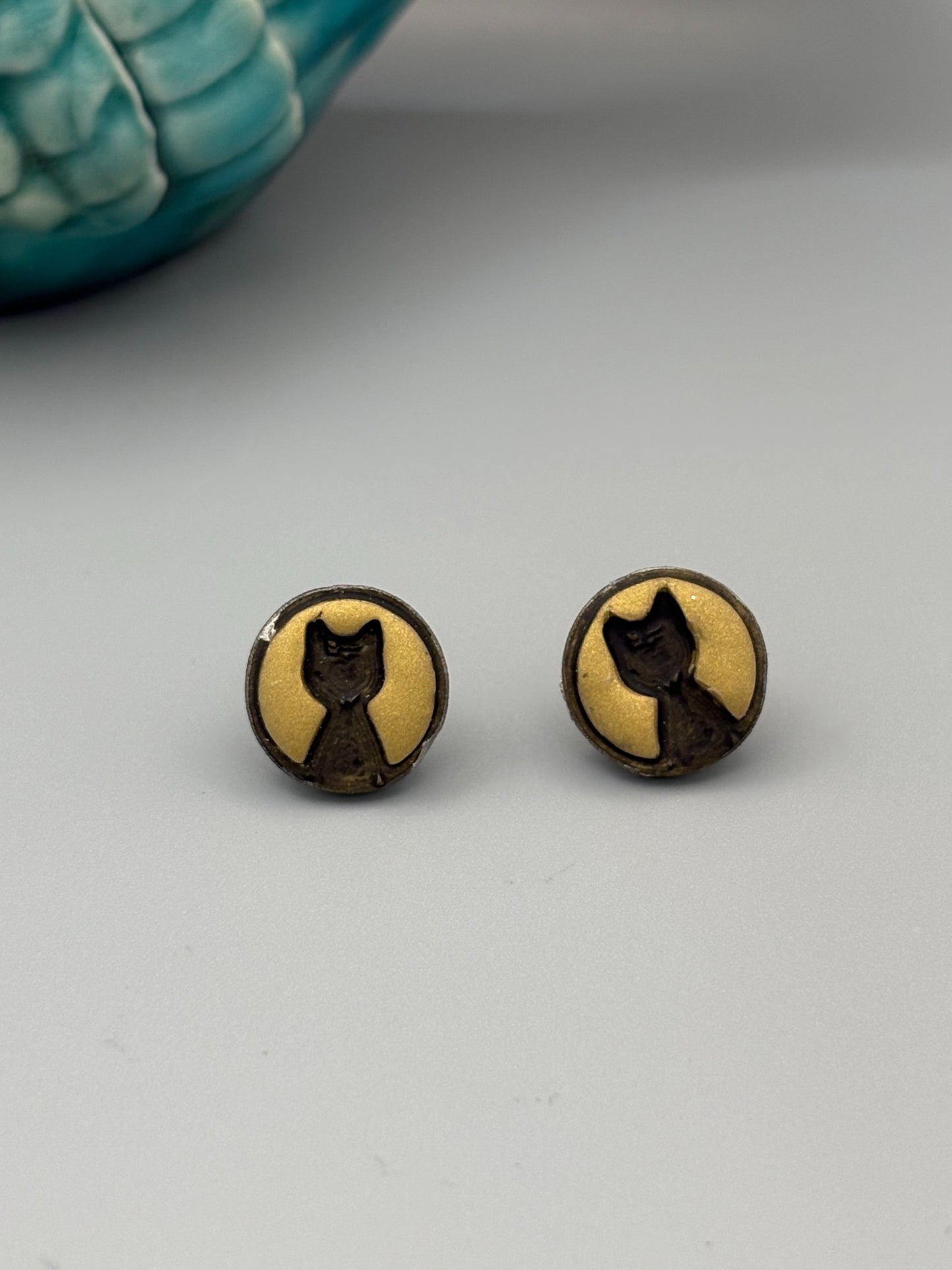 Gold Cat Head Stud Earrings - handcrafted polymer clay earrings by Lakeside Clay
